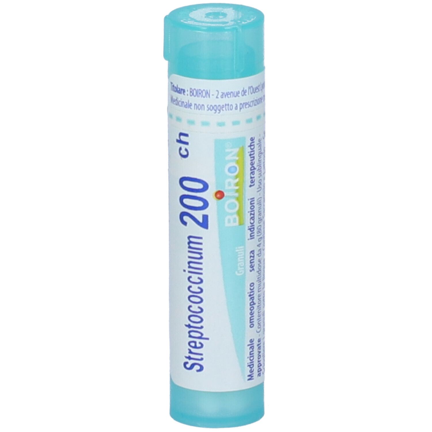 Confezione cilindrica, blu e bianca. Scritta: Streptococcinum 200 ch, BOIRON. Granuli. Con tappo a vite.