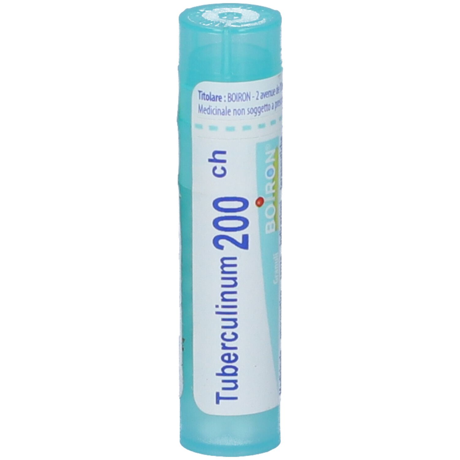 Flacone cilindrico con BOIRON® Tubercolinum 200 ch. Scritta: Tubercolinum 200 ch, BOIRON. Tappo blu.
