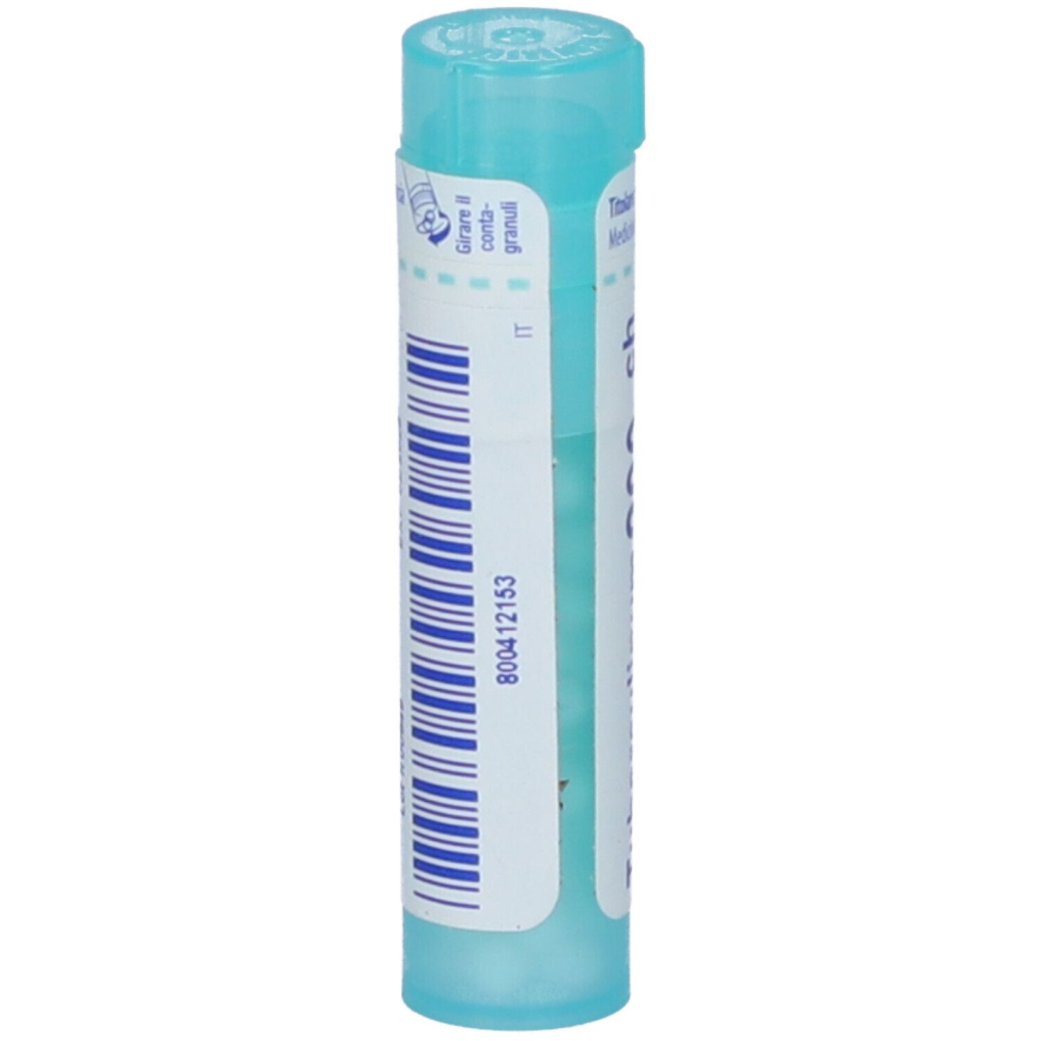 Flacone cilindrico con granuli. Scritta: 800412153. Tappo blu. Strisce bianche.