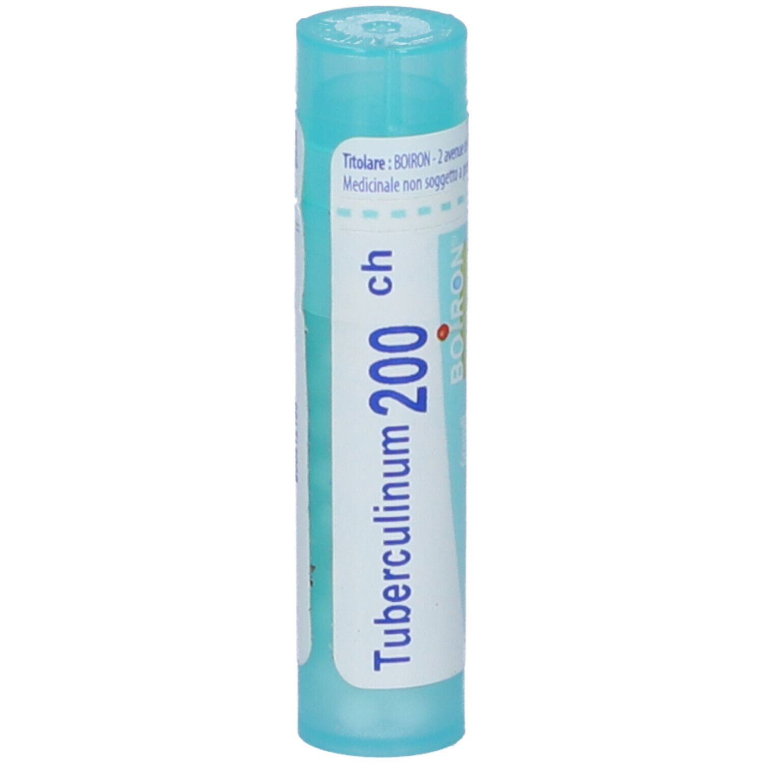 Flacone cilindrico con BOIRON® Tubercolinum 200 ch. Scritta: Tubercolinum 200 ch, BOIRON. Tappo blu.
