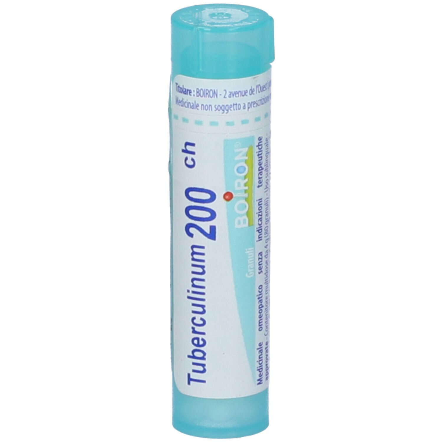 Flacone cilindrico con BOIRON® Tubercolinum 200 ch. Scritta: Tubercolinum 200 ch, BOIRON. Tappo blu.