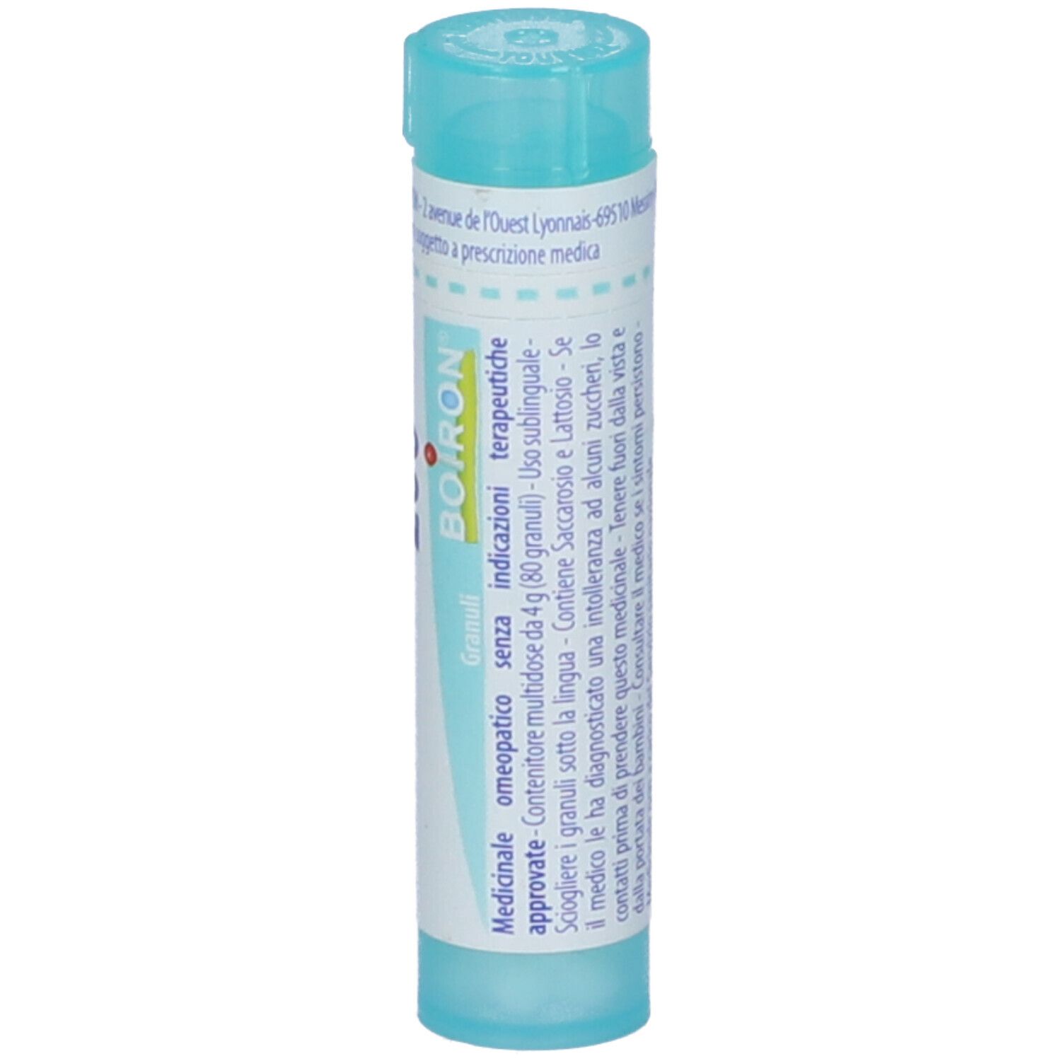 Flacone cilindrico con granuli BOIRON®. Scritta: BOIRON, Granuli. Tappo blu.
