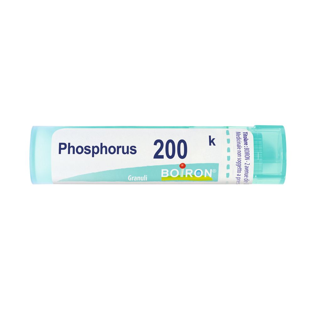 Confezione cilindrica con "Phosphorus 200 K". Marchio Boiron. Colori turchese e bianco.
