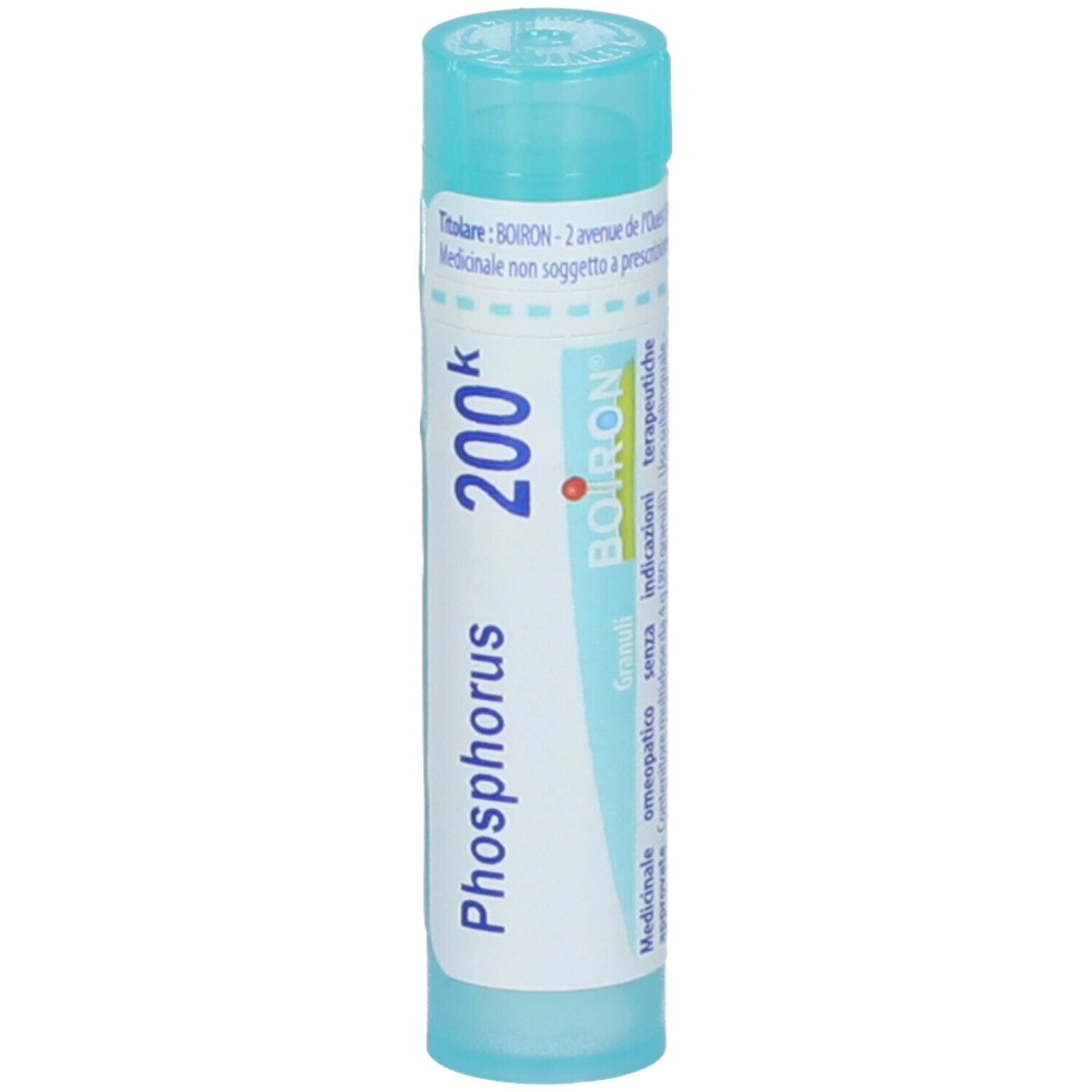Confezione cilindrica con "Phosphorus 200k" e marchio Boiron. Design turchese e bianco. Indicazione granuli.
