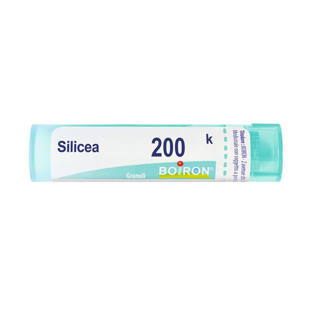 Confezione cilindrica con tappo blu. Scritta: Silicea 200 K Granuli, BOIRON.