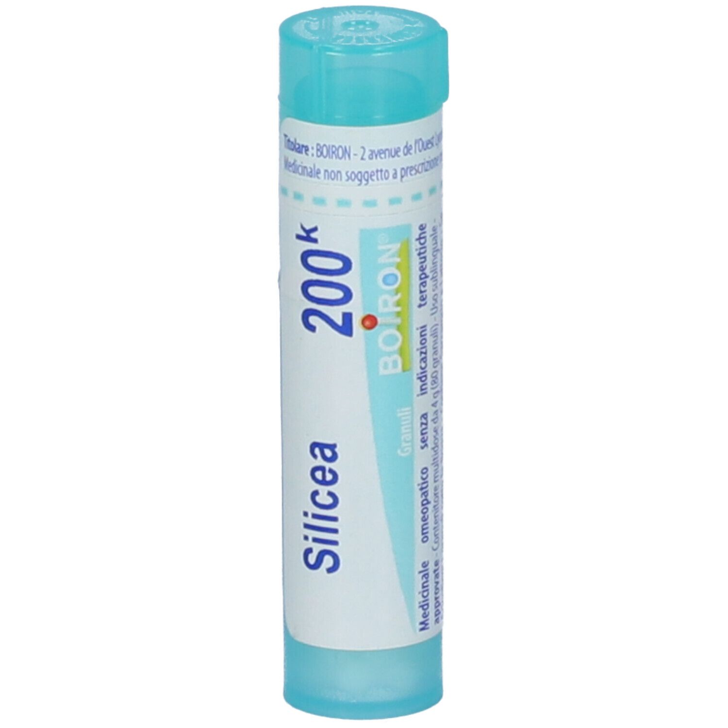 Confezione cilindrica blu e bianca. Scritta: Silicea 200k, BOIRON. Tappo blu.