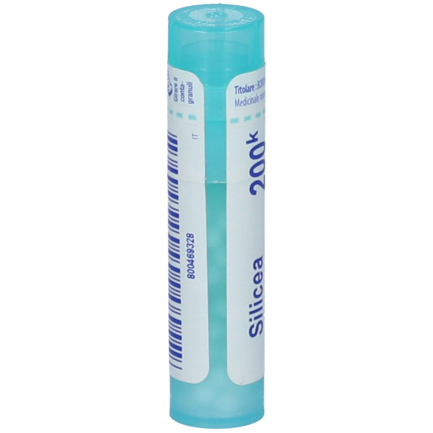 Confezione cilindrica blu e bianca. Scritta: Silicea 200k. Codice a barre e identificativo IT.