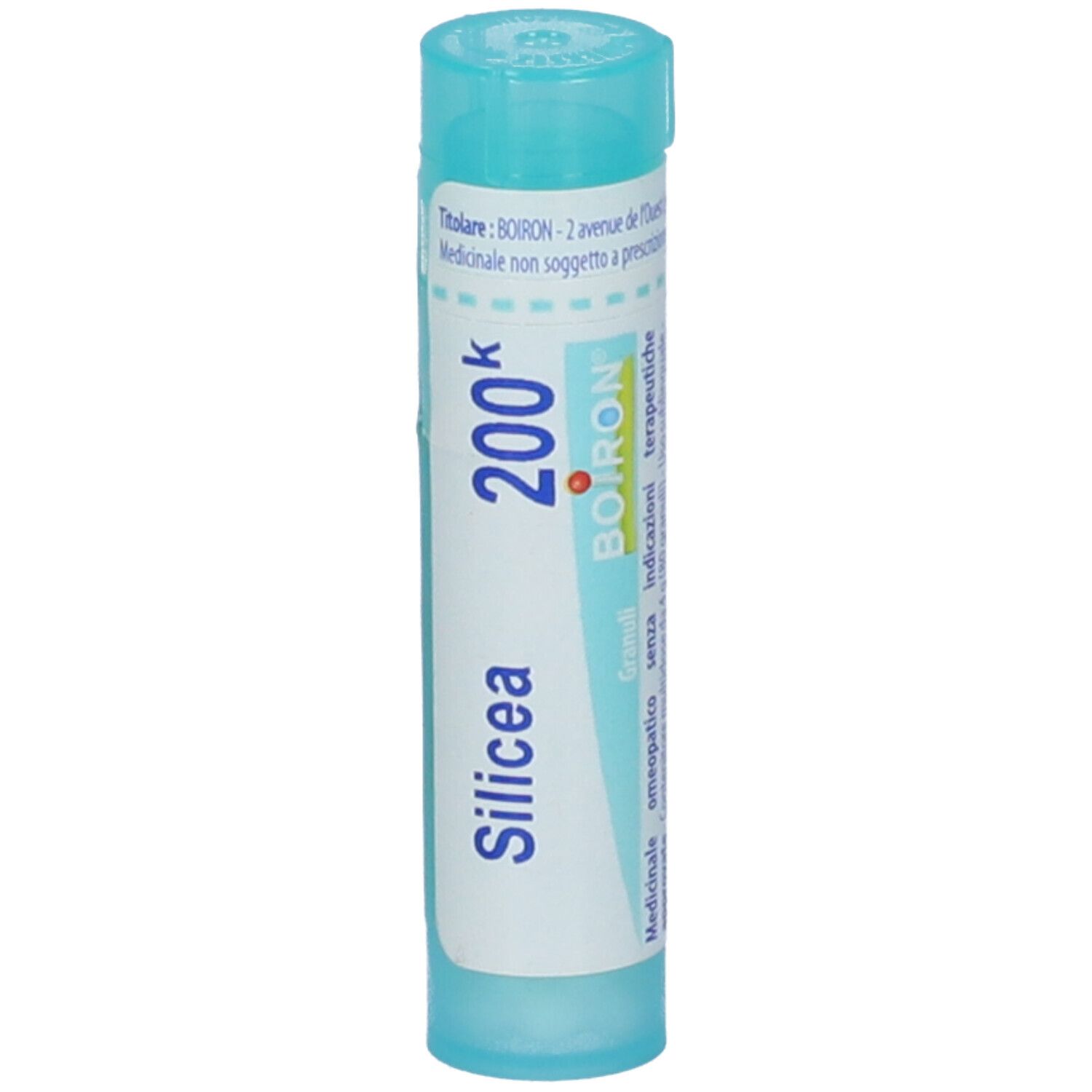 Confezione cilindrica blu e bianca. Scritta: Silicea 200k, BOIRON.