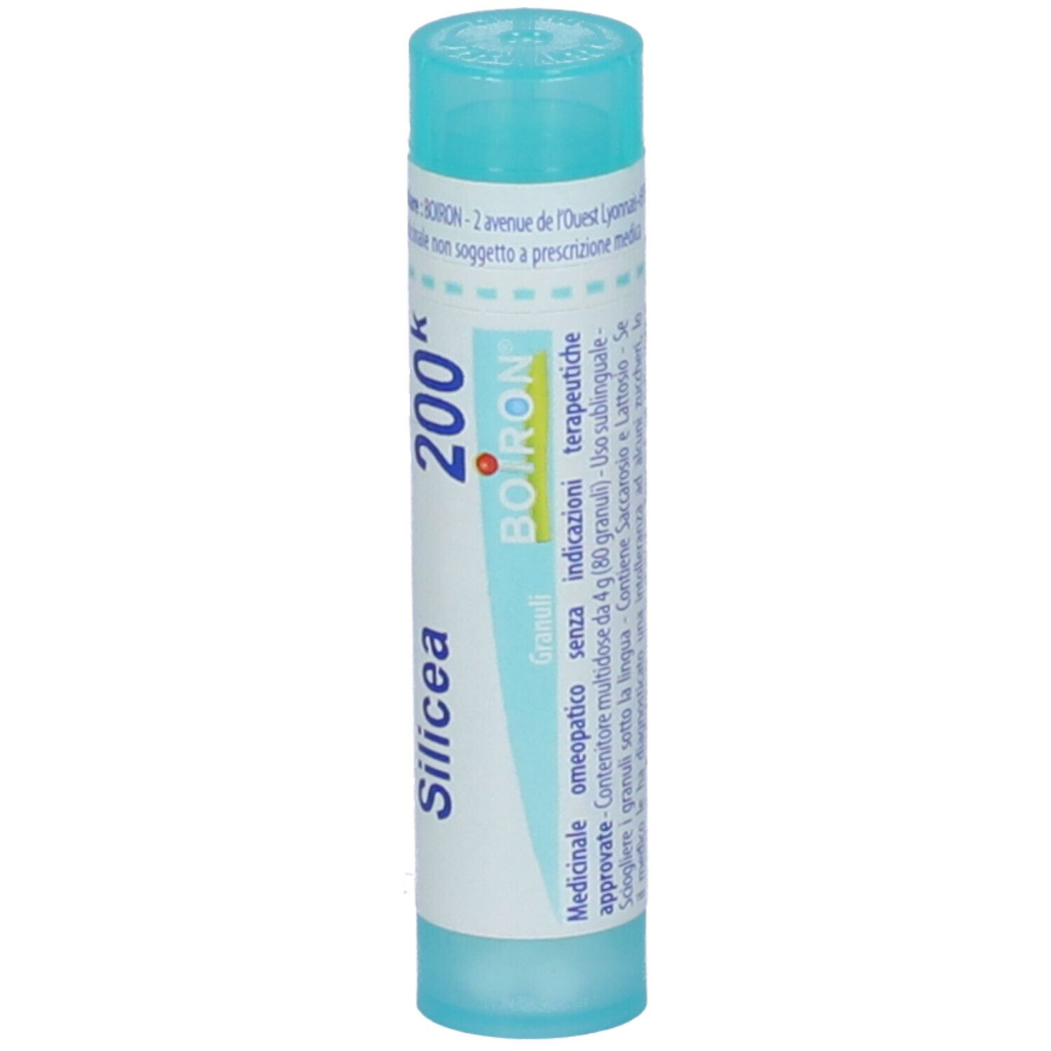 Confezione cilindrica blu e bianca. Scritta: Silicea 200k, BOIRON. Granuli.