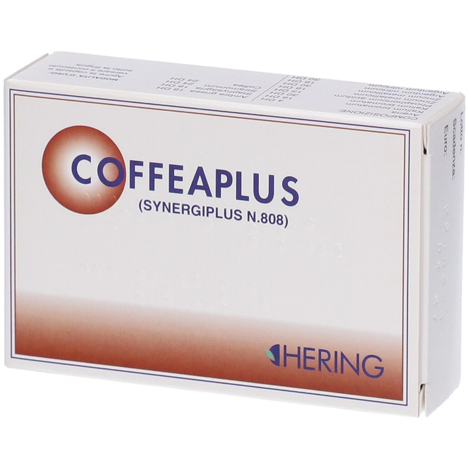 Scatola bianca COFFEAPLUS, logo HERING. Sfumatura marrone. Testo in alto.