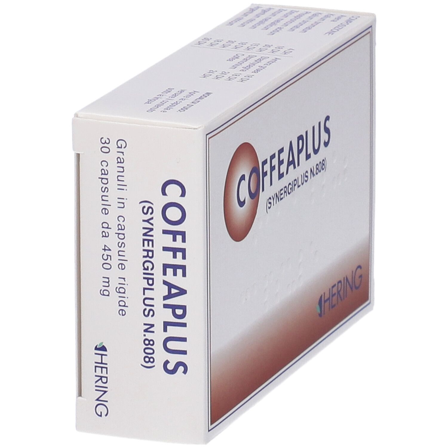 Scatola bianca COFFEAPLUS, logo HERING. Testo: 30 capsule, 450 mg. Vista obliqua.