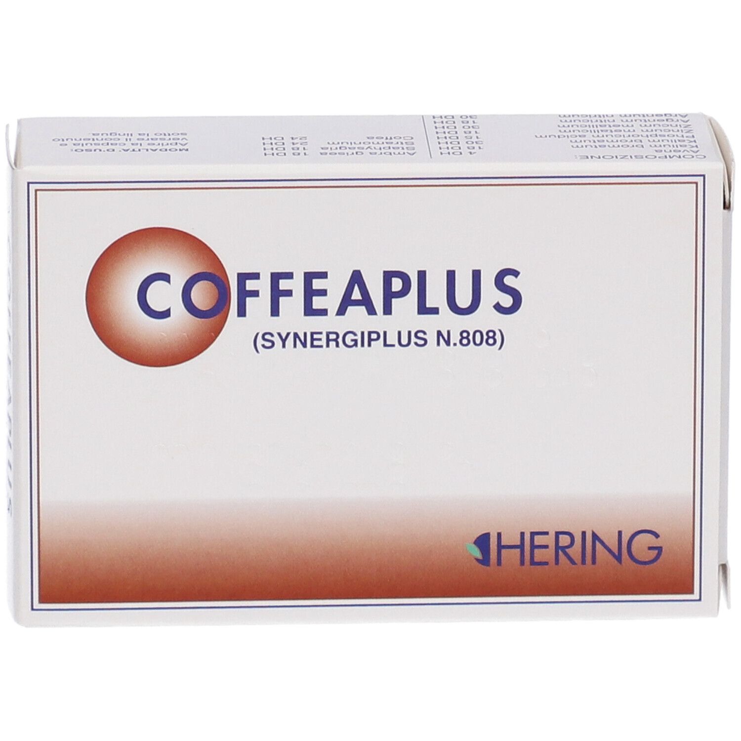 Scatola bianca COFFEAPLUS, logo HERING. Sfumatura marrone. Vista frontale.