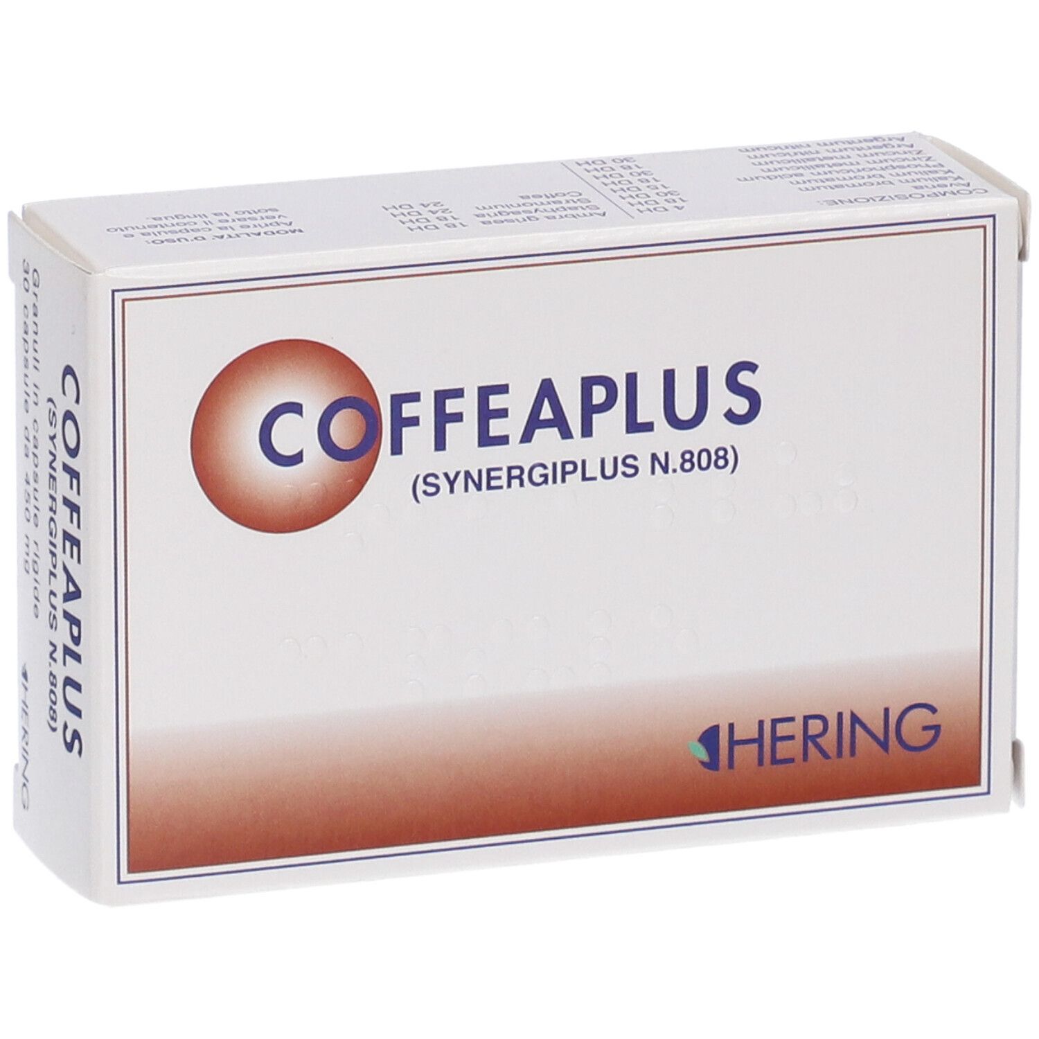 Scatola bianca COFFEAPLUS, logo HERING. Sfumatura marrone. Vista frontale.