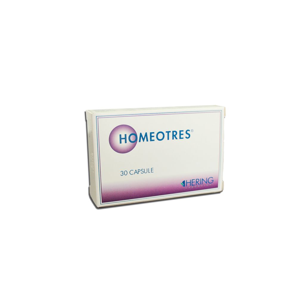 Confezione di capsule HOMEOTRES. Scritta "30 capsule". Logo Hering in basso a destra.