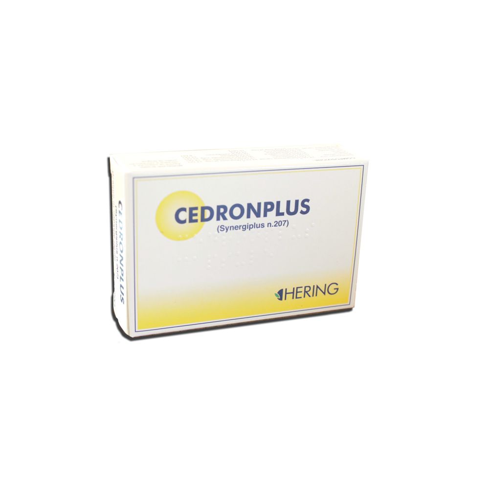 Confezione bianca con cerchio giallo e scritta CEDRONPLUS. Marchio HERING.