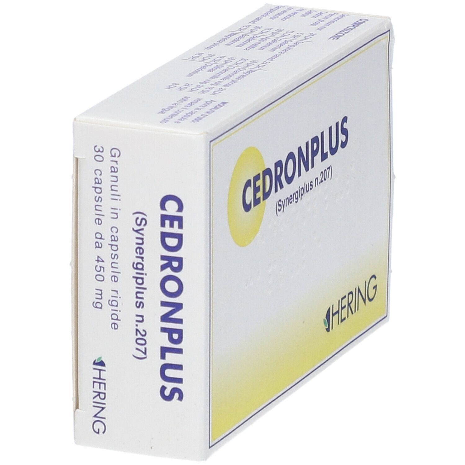 Confezione bianca con testo CEDRONPLUS e logo HERING. Contiene capsule.