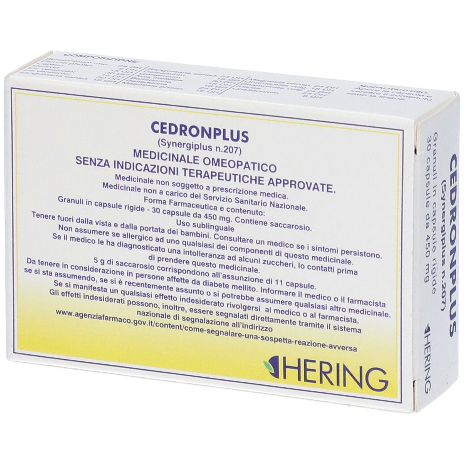 Confezione bianca con testo CEDRONPLUS e logo HERING. Contiene 30 capsule.