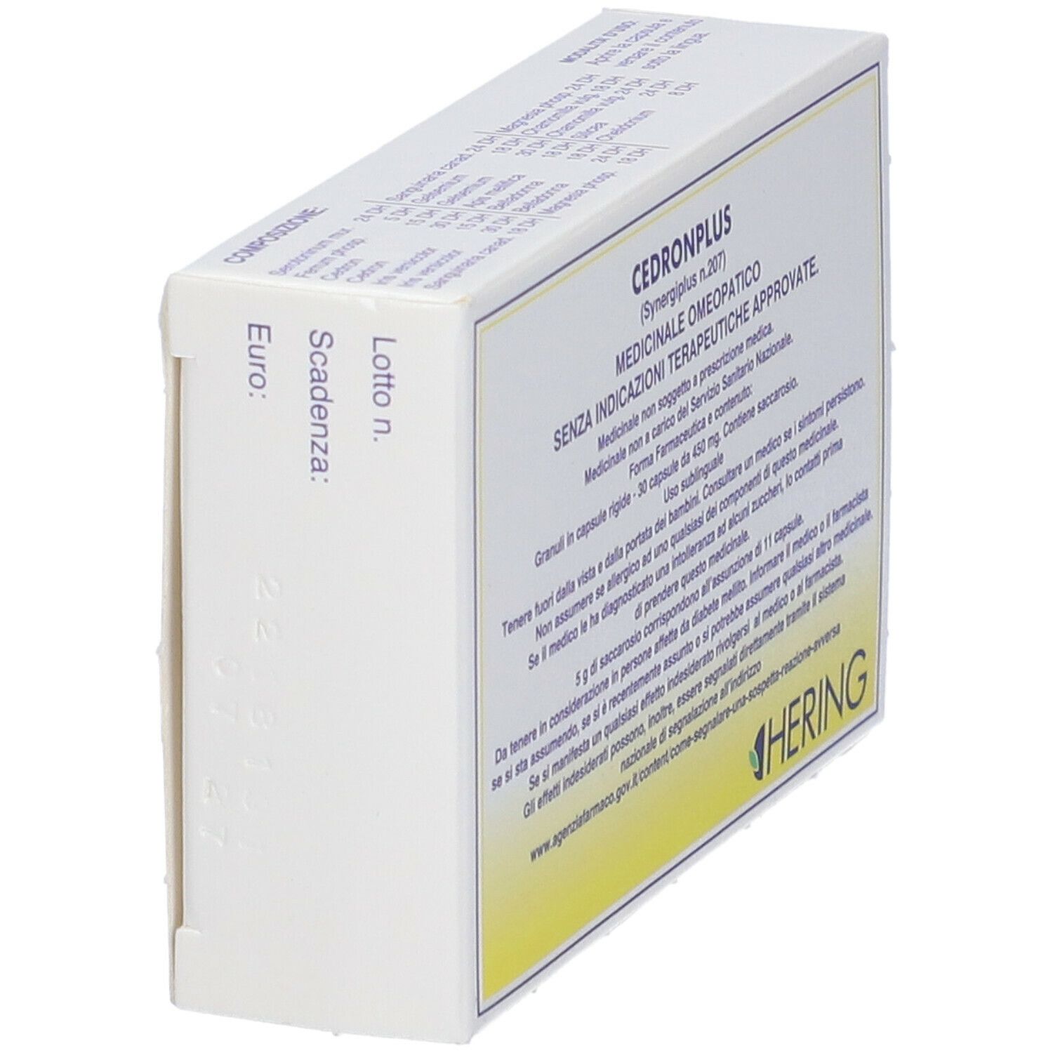 Confezione bianca con testo CEDRONPLUS e logo HERING. Contiene 30 capsule.