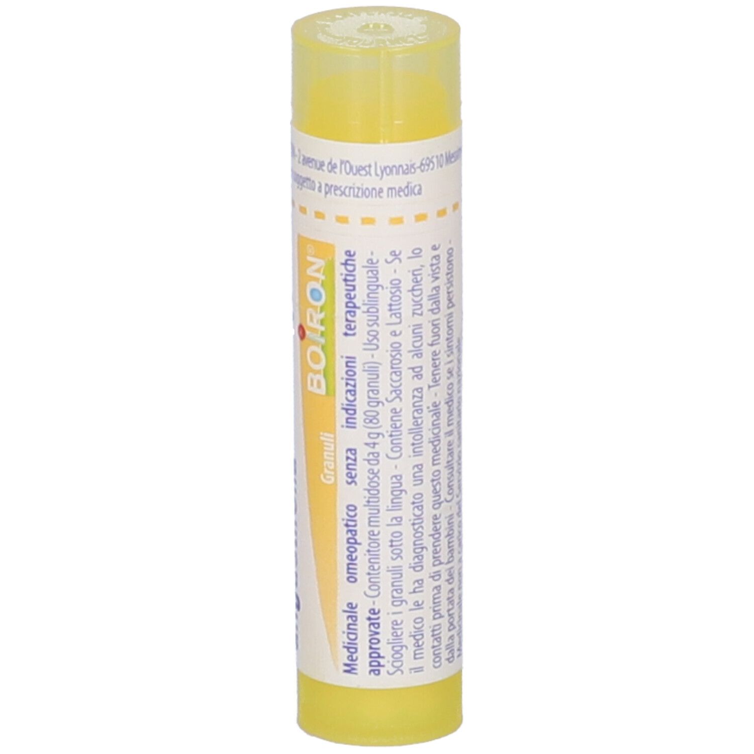 Tubo giallo con logo BOIRON e testo sulla medicina omeopatica.