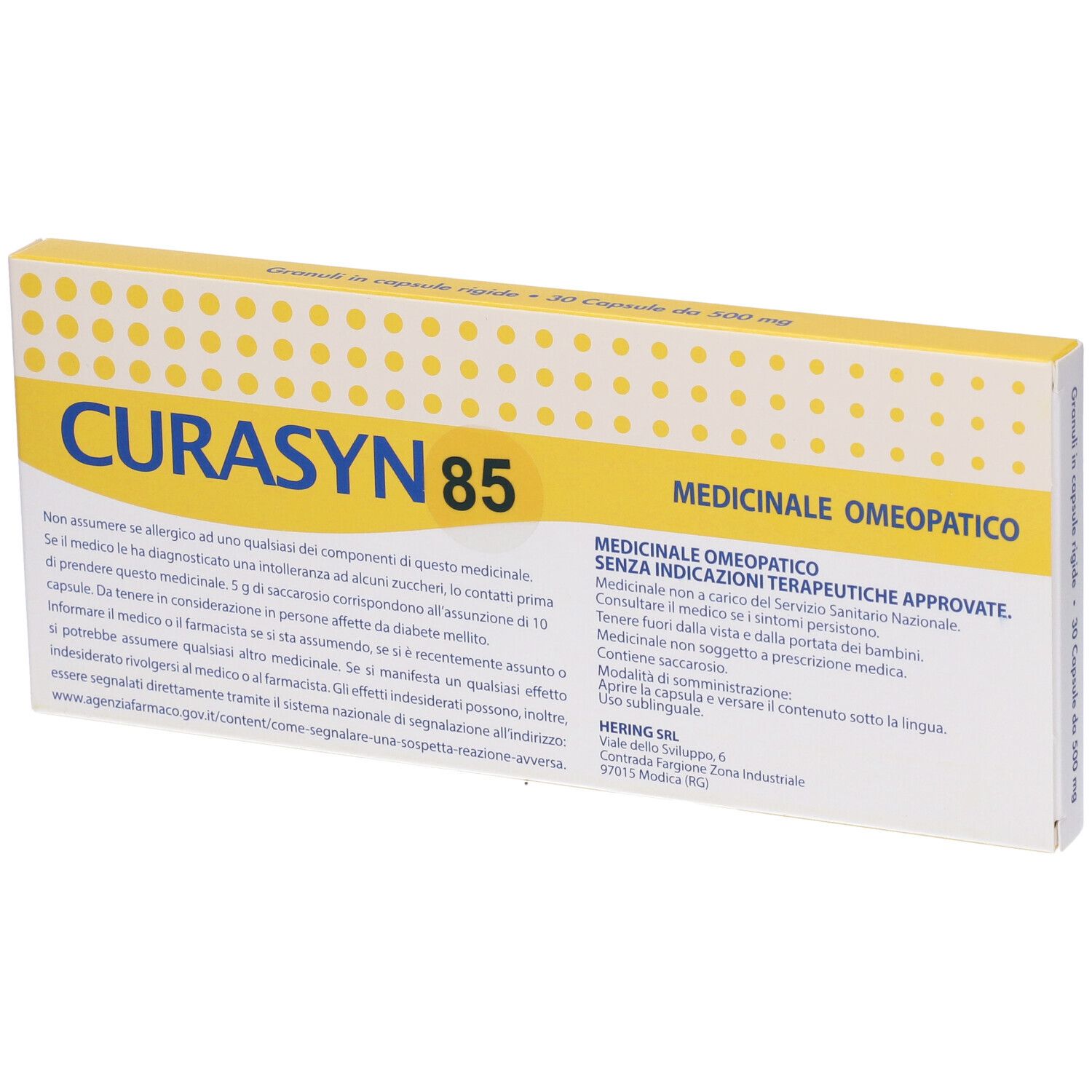 Confezione con testo. Scritta CURASYN 85. Marchio HERING. Indicazione medica. Testo in italiano.