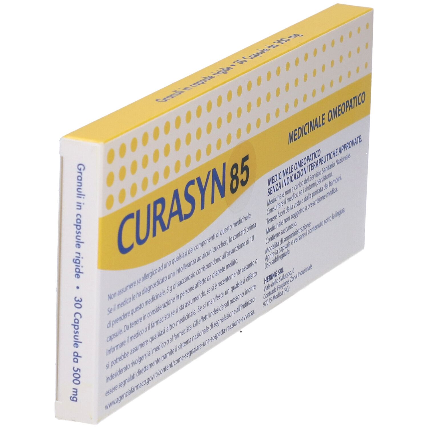 Scatola con testo. Scritta CURASYN 85. Marchio HERING. Indicazione medica. 30 capsule.
