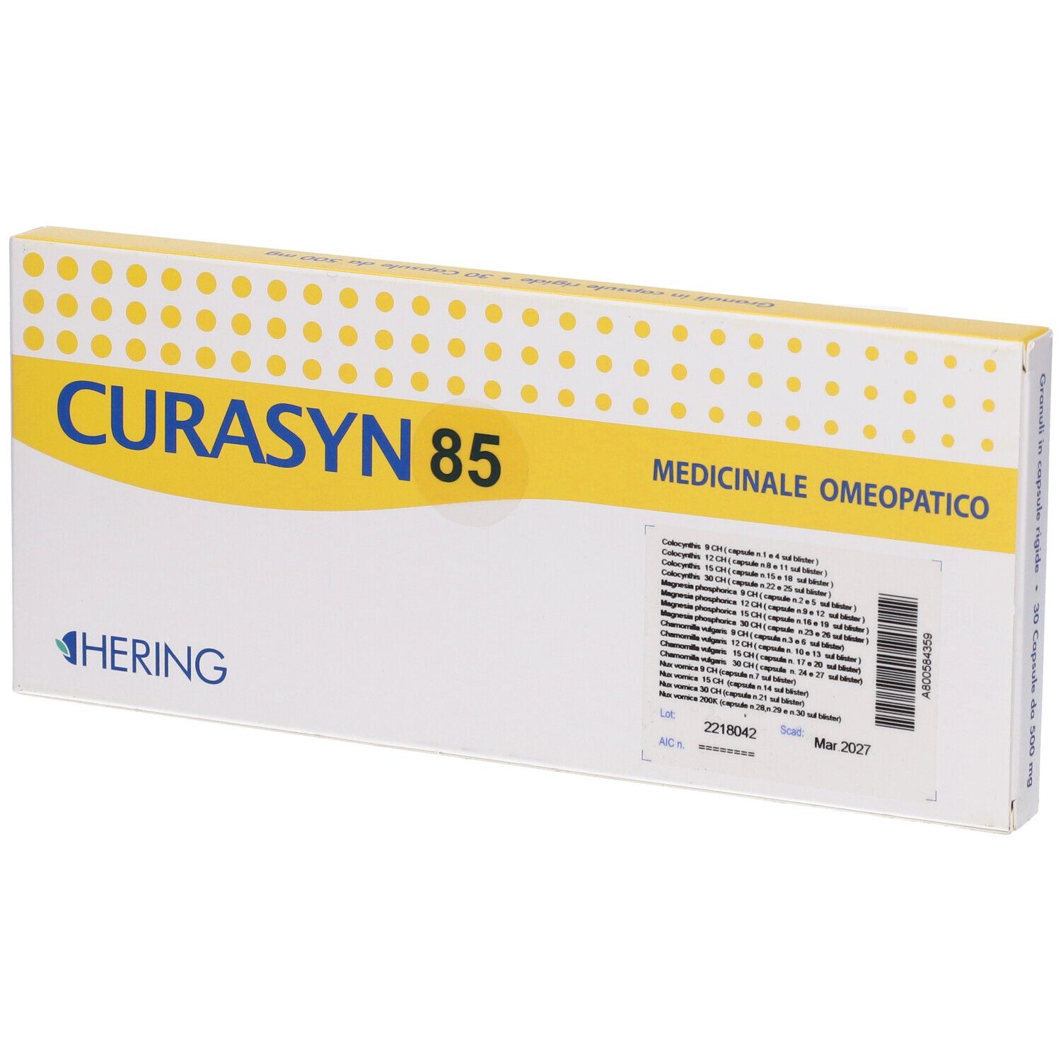 Scatola con testo. Scritta CURASYN 85. Marchio HERING. Indicazione medica. Codice a barre e scadenza.