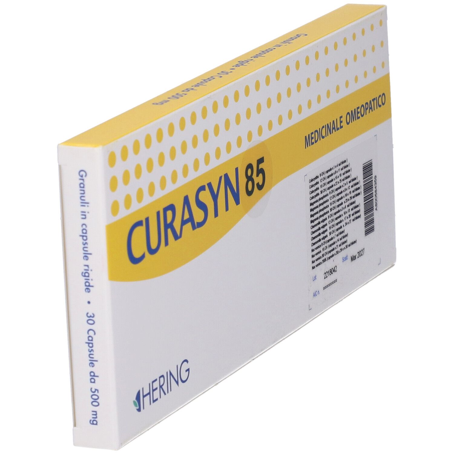 Scatola con testo. Scritta CURASYN 85. Marchio HERING. Indicazione medica. 30 capsule.