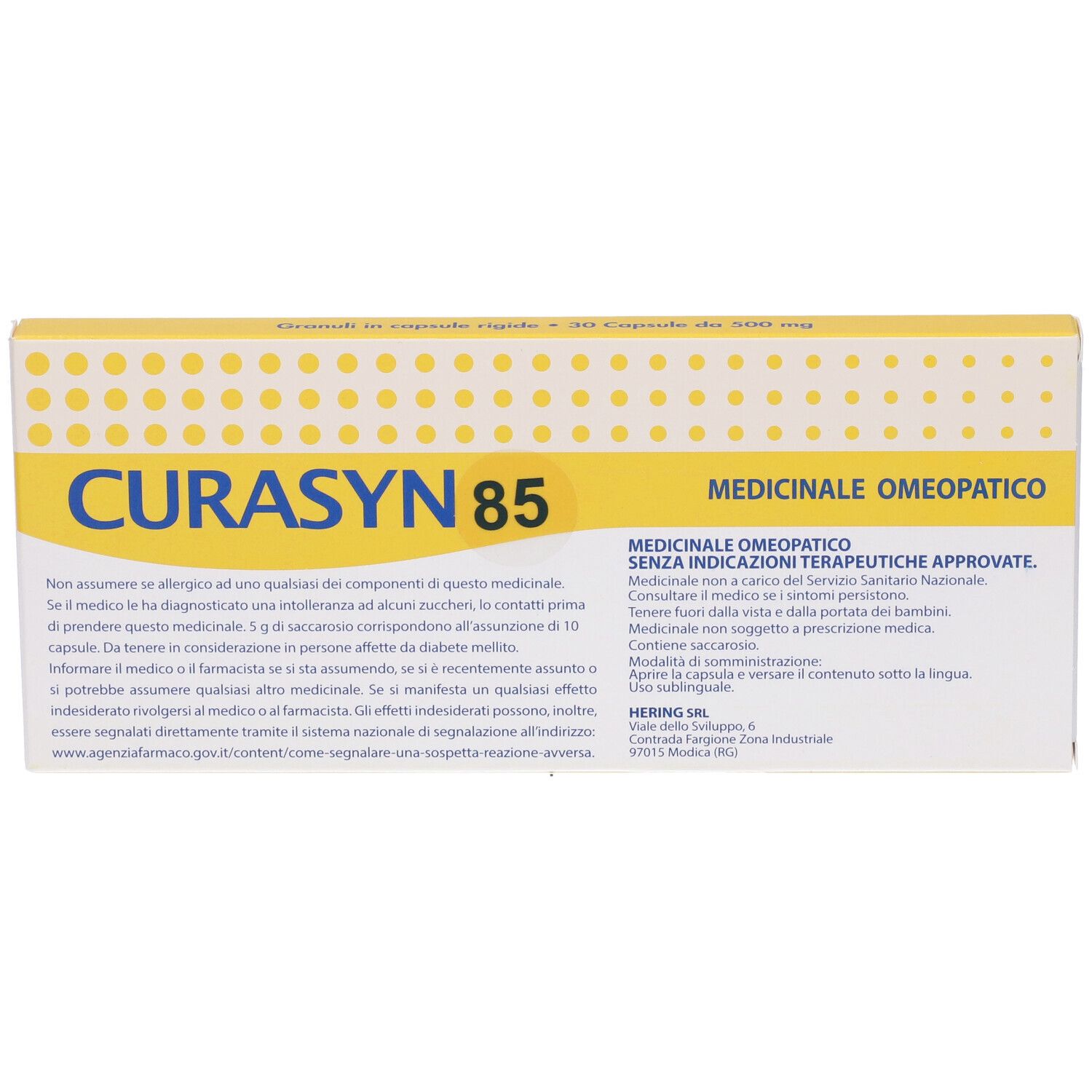 Confezione con testo. Scritta CURASYN 85. Marchio HERING. Indicazione medica. Testo in italiano.