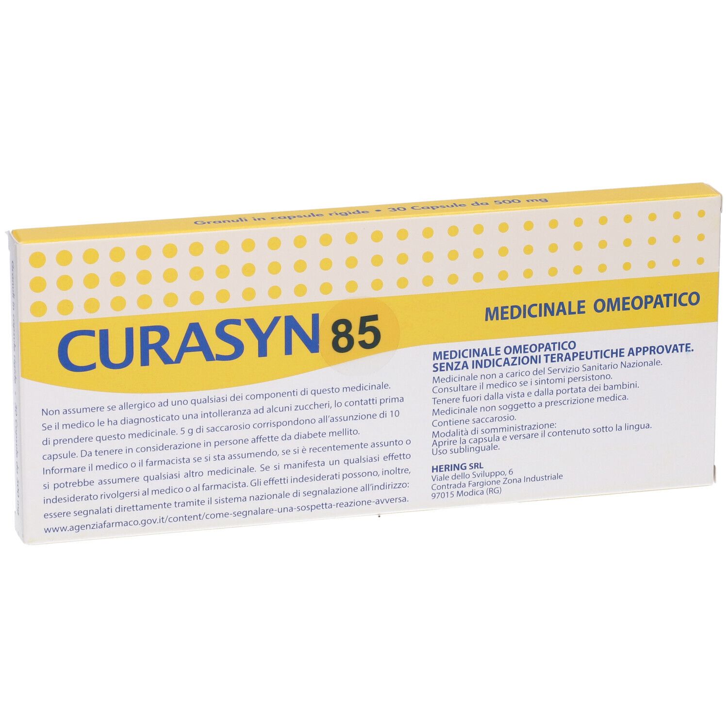 Confezione con testo. Scritta CURASYN 85. Marchio HERING. Indicazione medica. Testo in italiano.