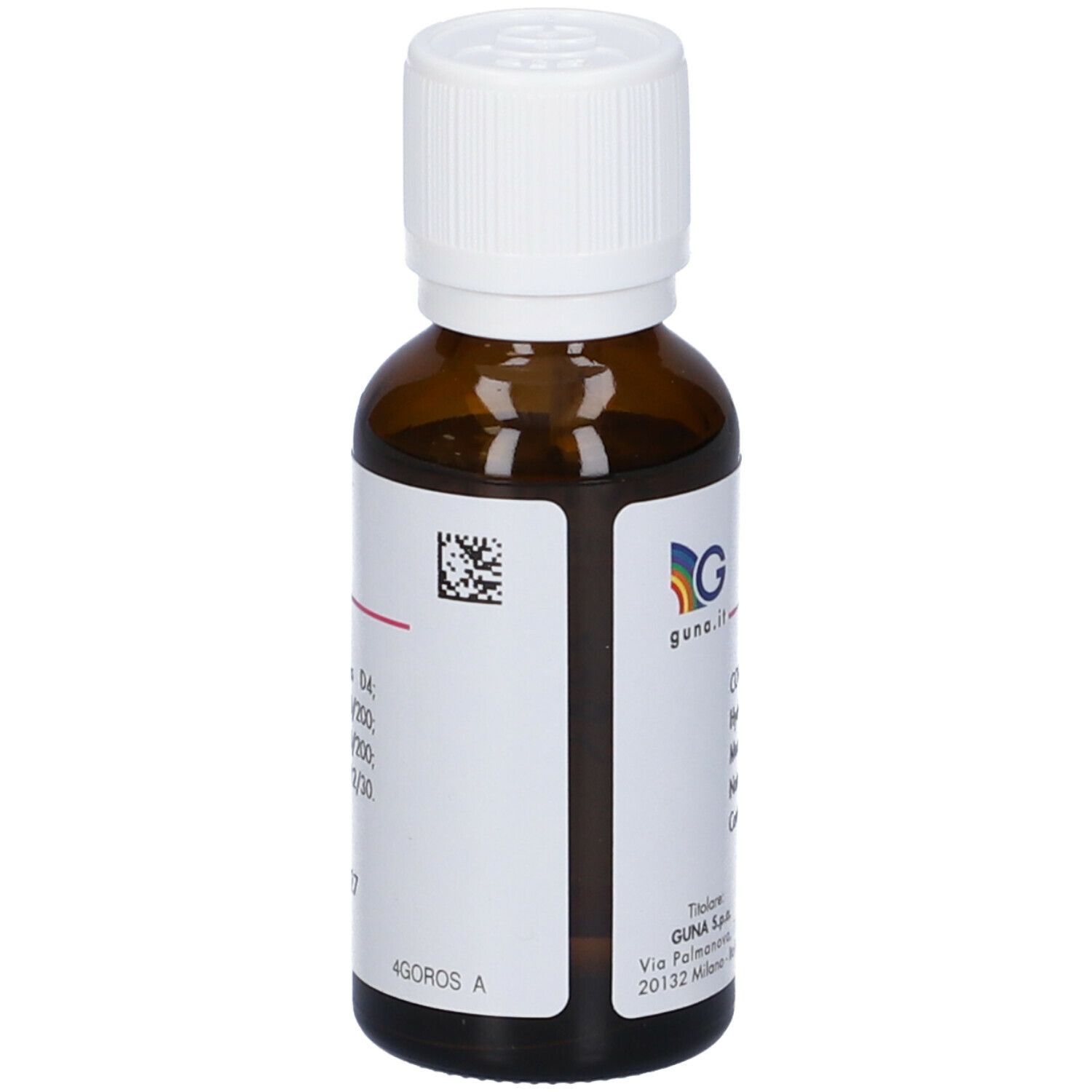 Flacone di vetro marrone con tappo bianco. Etichetta rosa con nome del prodotto e ingredienti. Logo GUNA.