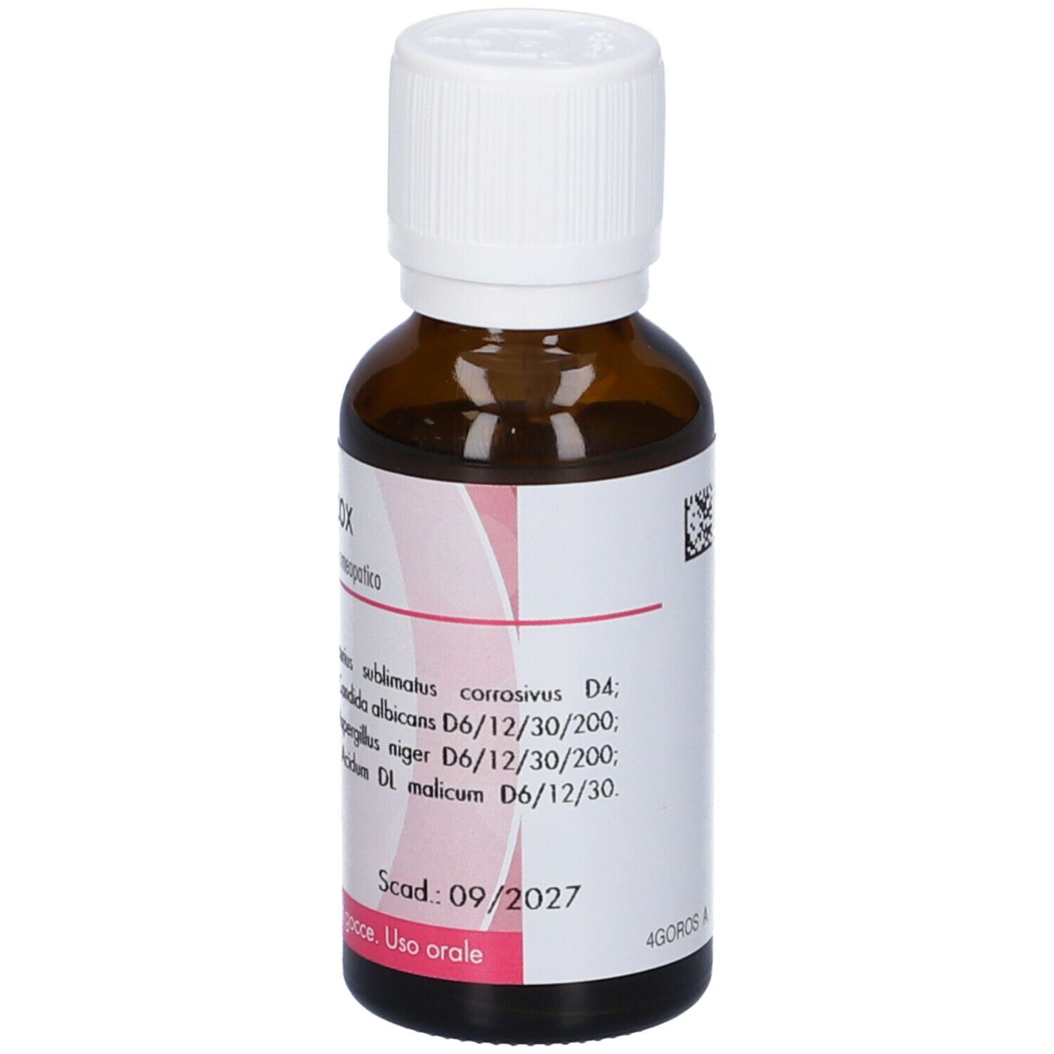 Flacone di vetro marrone con tappo bianco. Etichetta rosa con nome del prodotto e ingredienti. Logo GUNA.