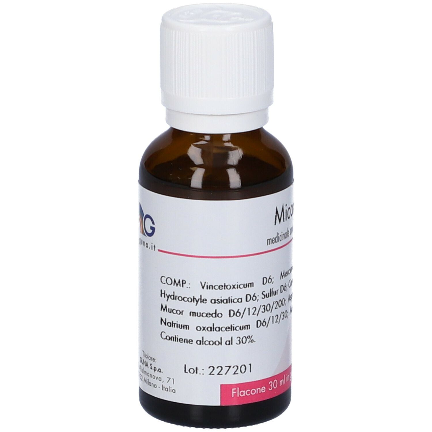 Flacone di vetro marrone con tappo bianco. Etichetta rosa con nome del prodotto e ingredienti. Logo GUNA.