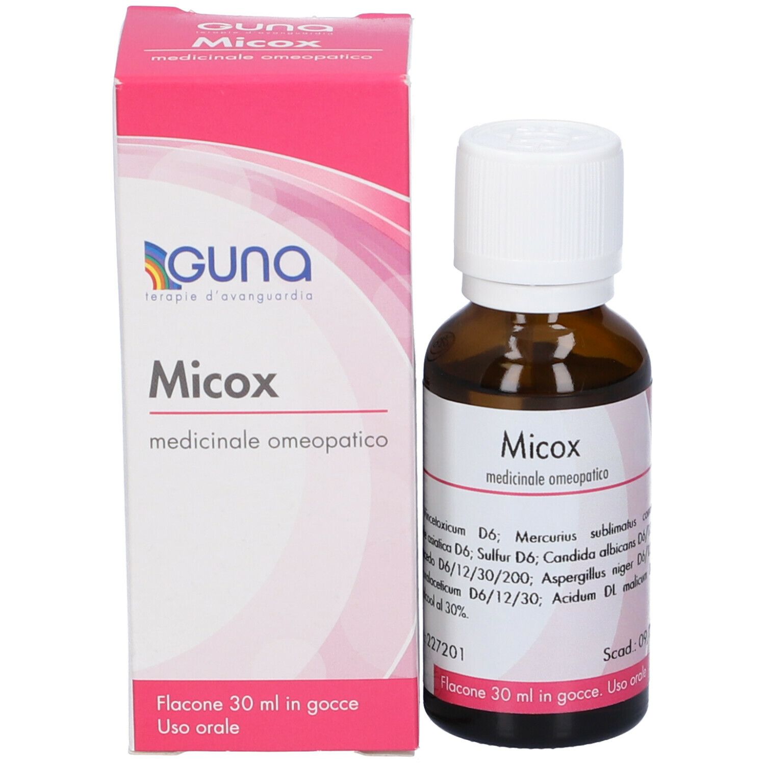 Flacone di vetro marrone con tappo bianco ed etichetta rosa. Accanto, scatola rosa con nome e logo del prodotto.