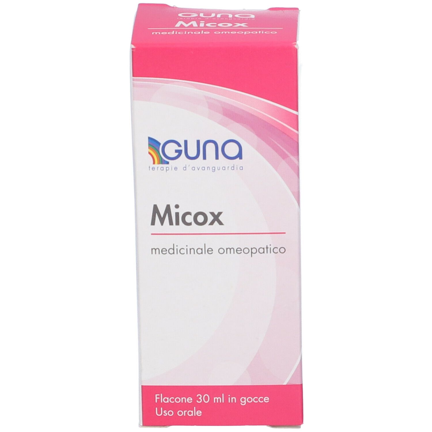 Scatola rosa con testo bianco e logo GUNA. Nome del prodotto Micox.