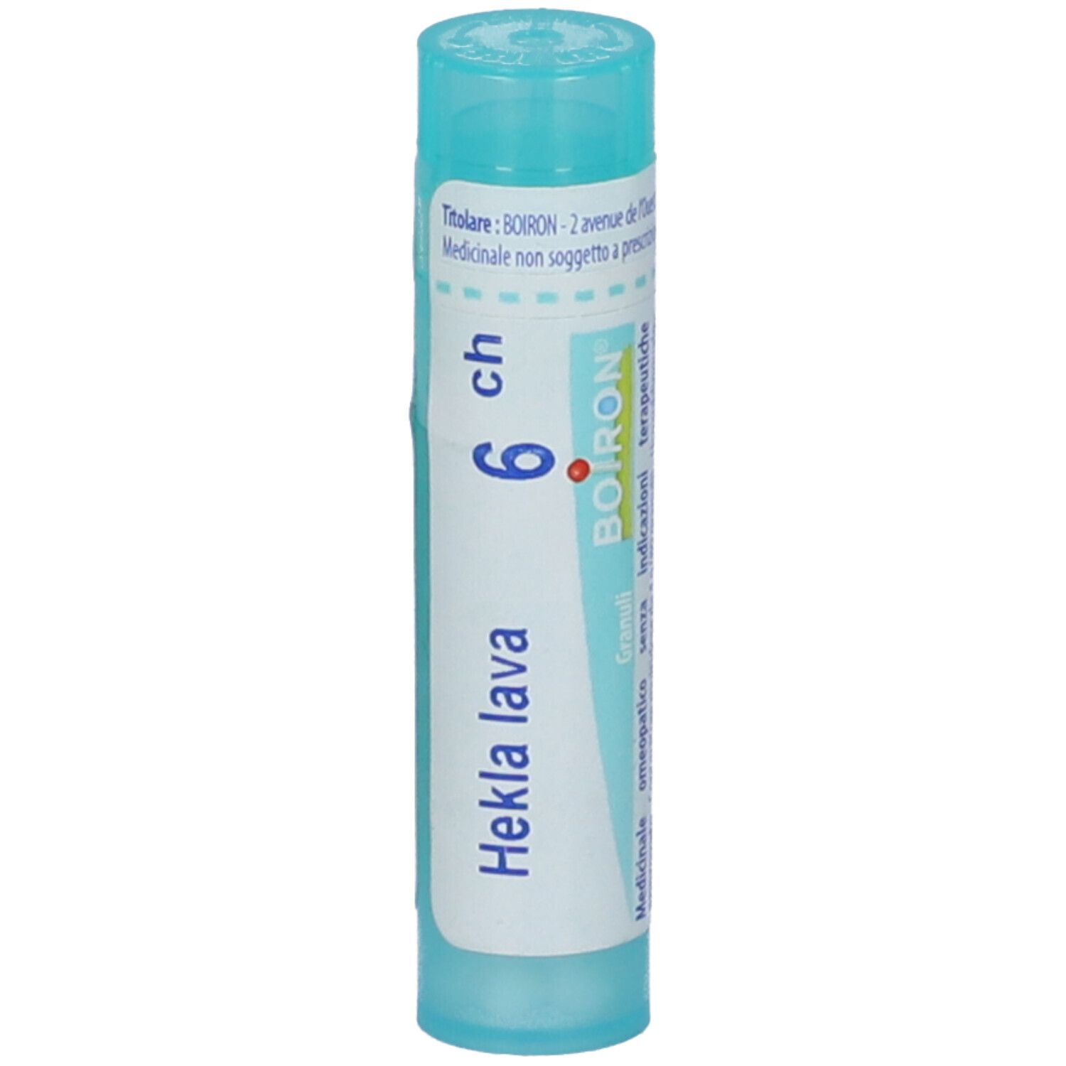 Confezione cilindrica con "Hekla lava 6 ch" e logo Boiron. Tappo blu.