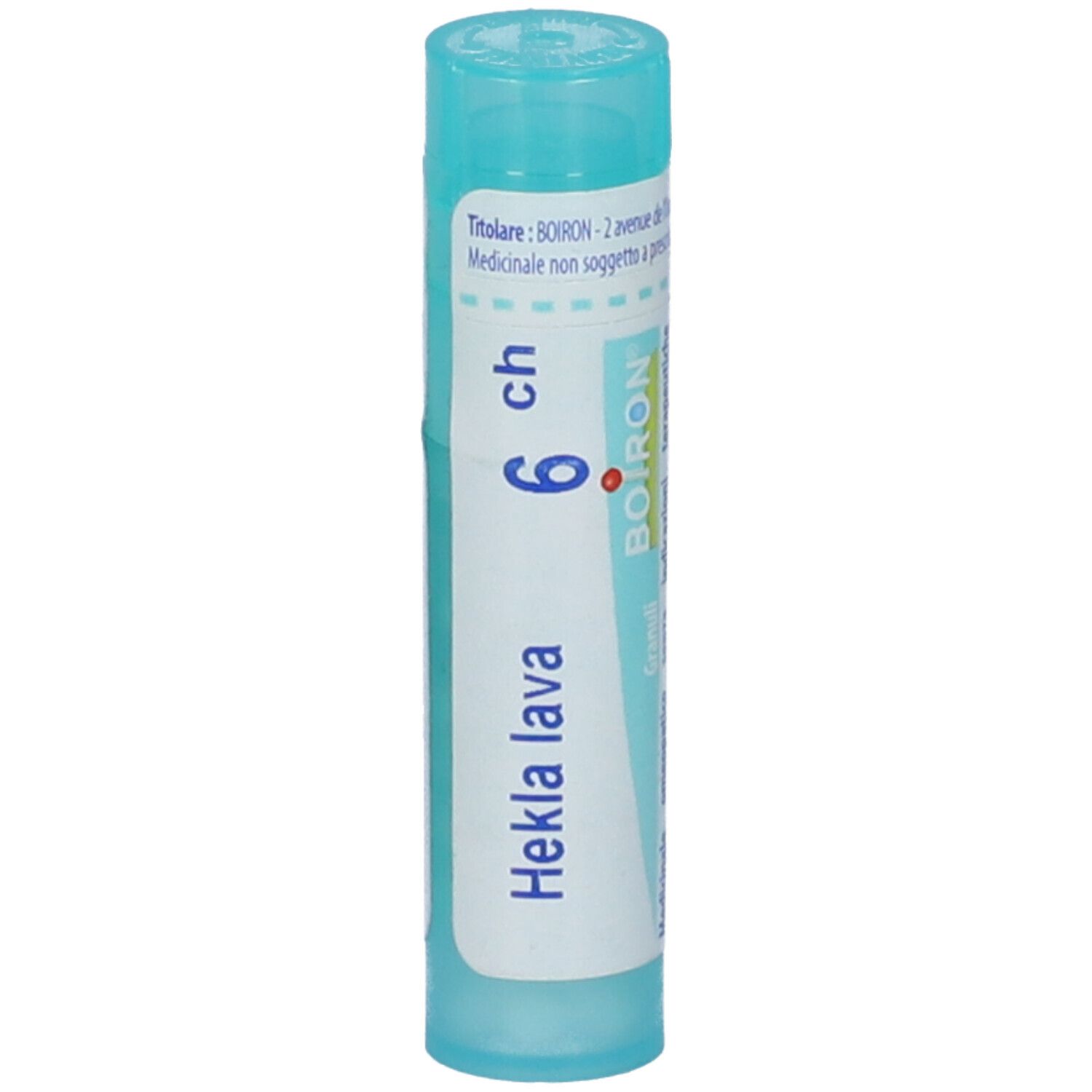 Confezione cilindrica con "Hekla lava 6 ch" e logo Boiron. Tappo blu.