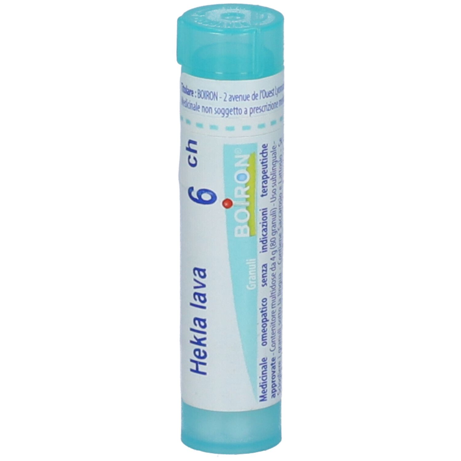 Confezione cilindrica con "Hekla lava 6 ch" e logo Boiron. Tappo blu. Informazioni aggiuntive.