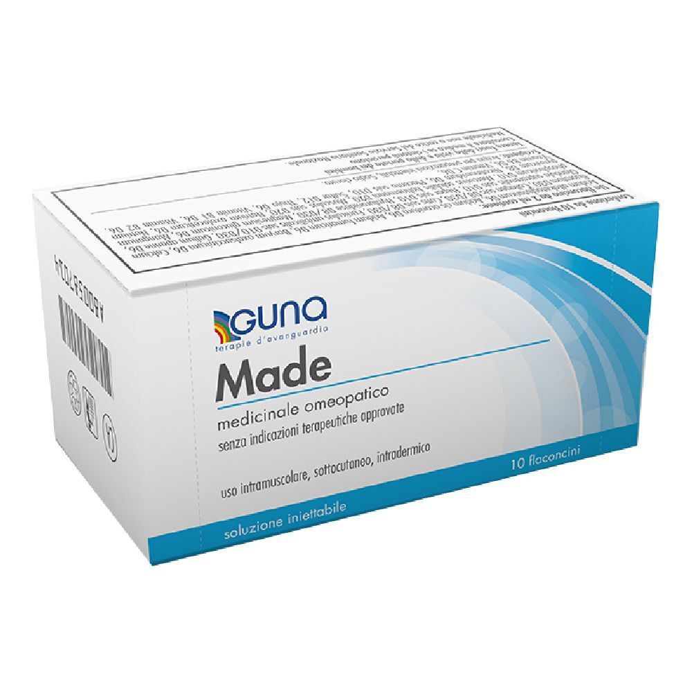 Scatola del prodotto Made di Guna. Scritta: medicinale omeopatico. Contiene 10 flaconcini.