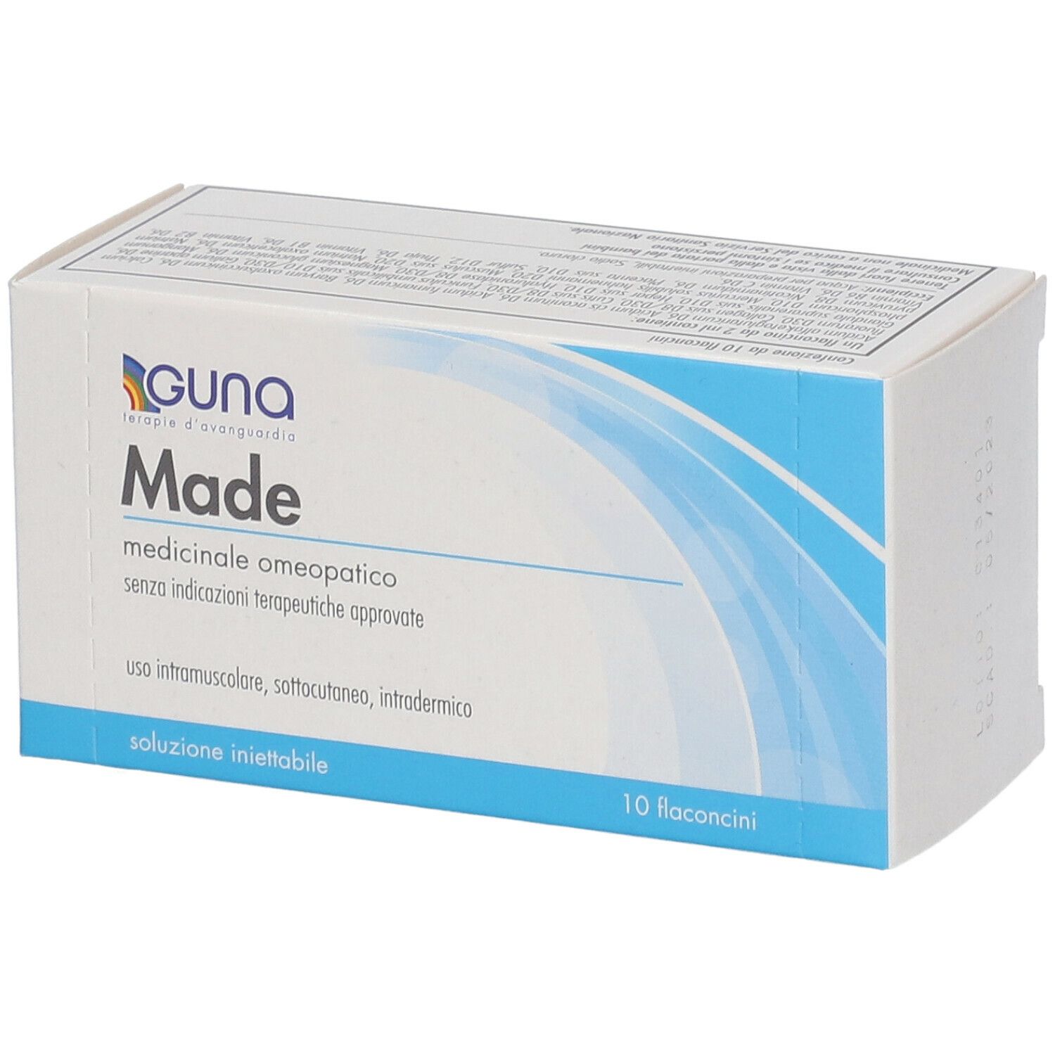 Scatola del prodotto Made di Guna. Scritta: medicinale omeopatico. Contiene 10 flaconcini.