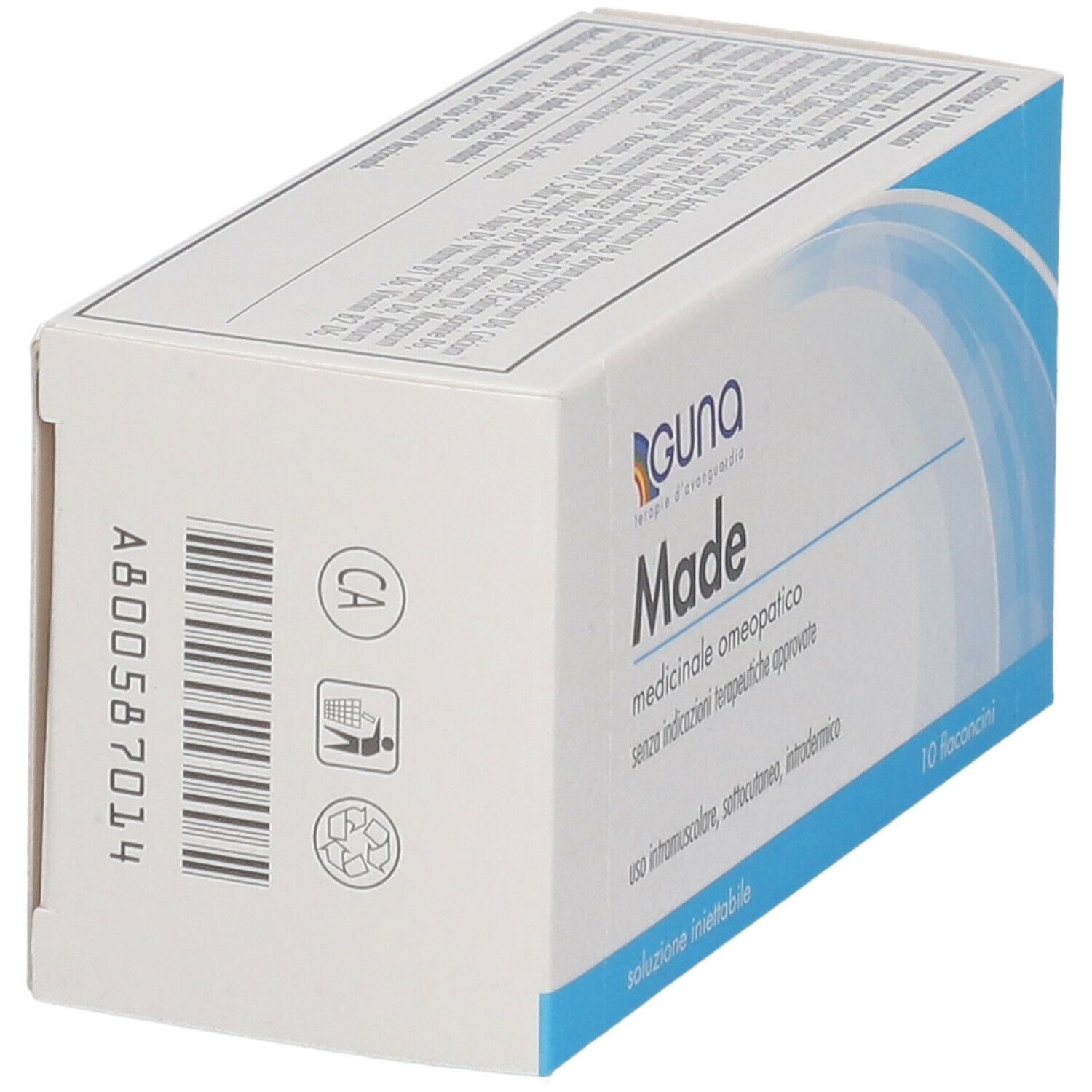 Scatola del prodotto Made di Guna. Scritta: medicinale omeopatico. Contiene 10 flaconcini.