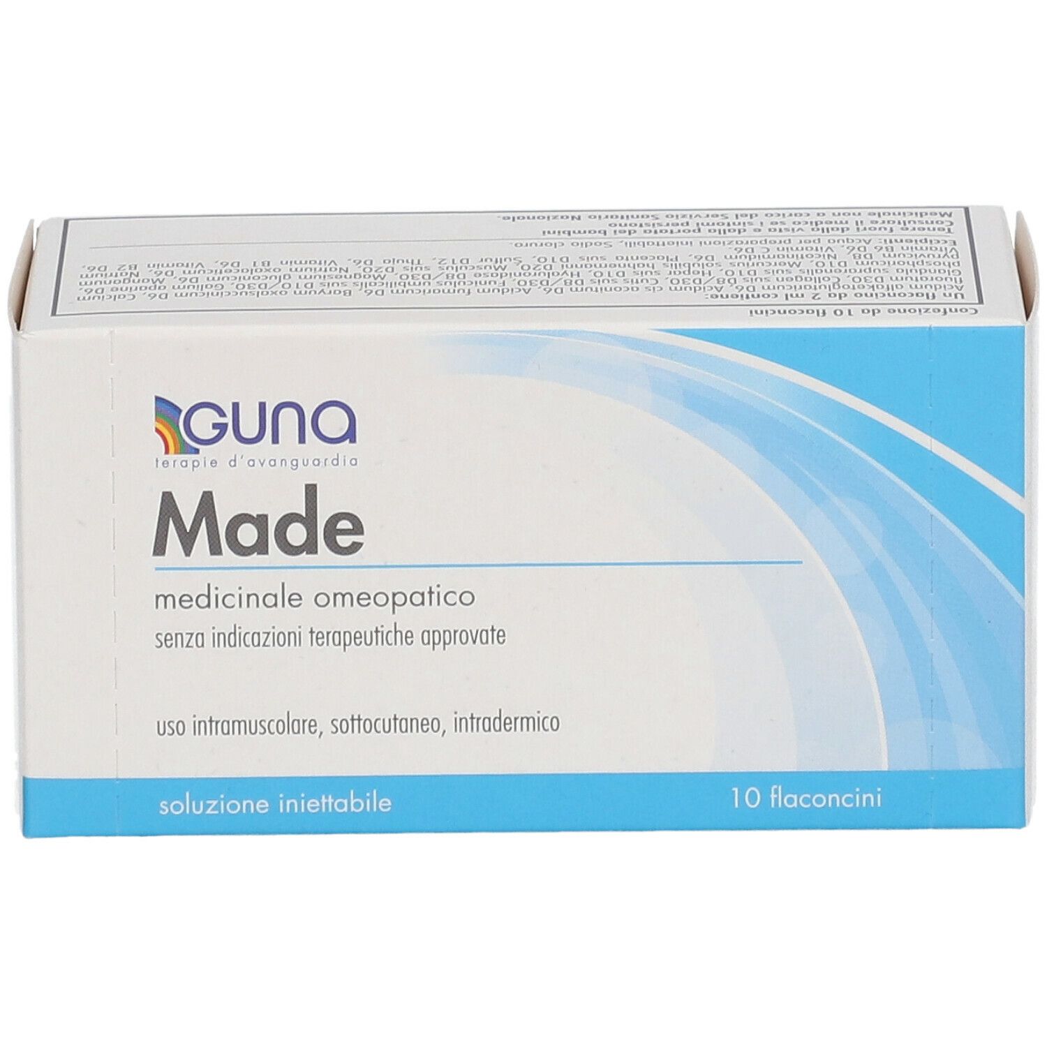 Scatola del prodotto Made di Guna. Scritta: medicinale omeopatico. Contiene 10 flaconcini.
