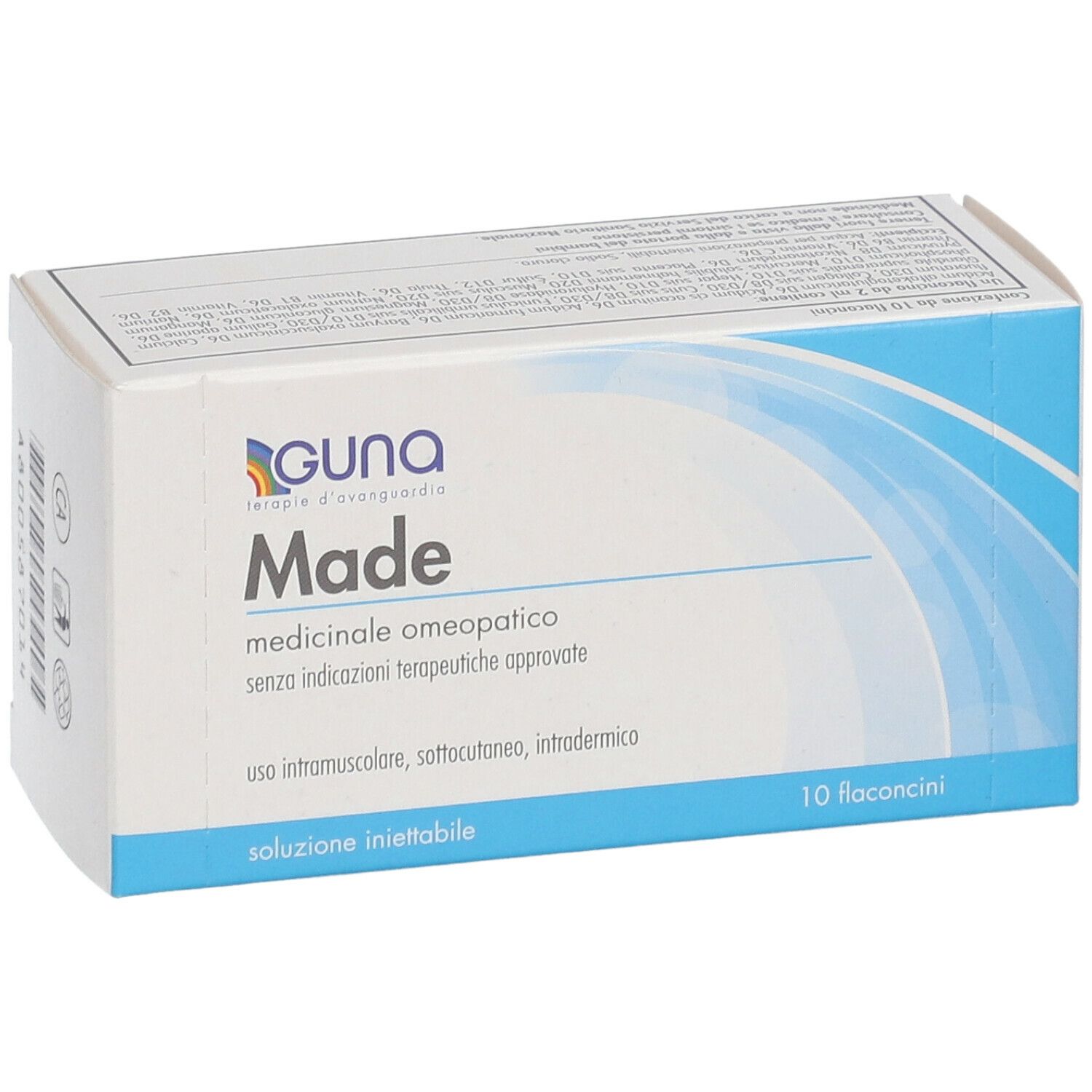 Scatola del prodotto Made di Guna. Scritta: medicinale omeopatico. Contiene 10 flaconcini.