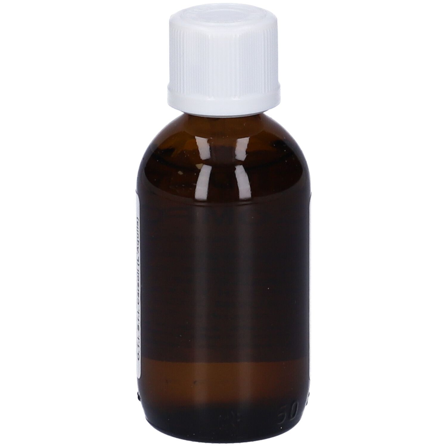 Flacone di vetro marrone con tappo bianco. Etichetta con nome del prodotto e ingredienti. Flacone contagocce.