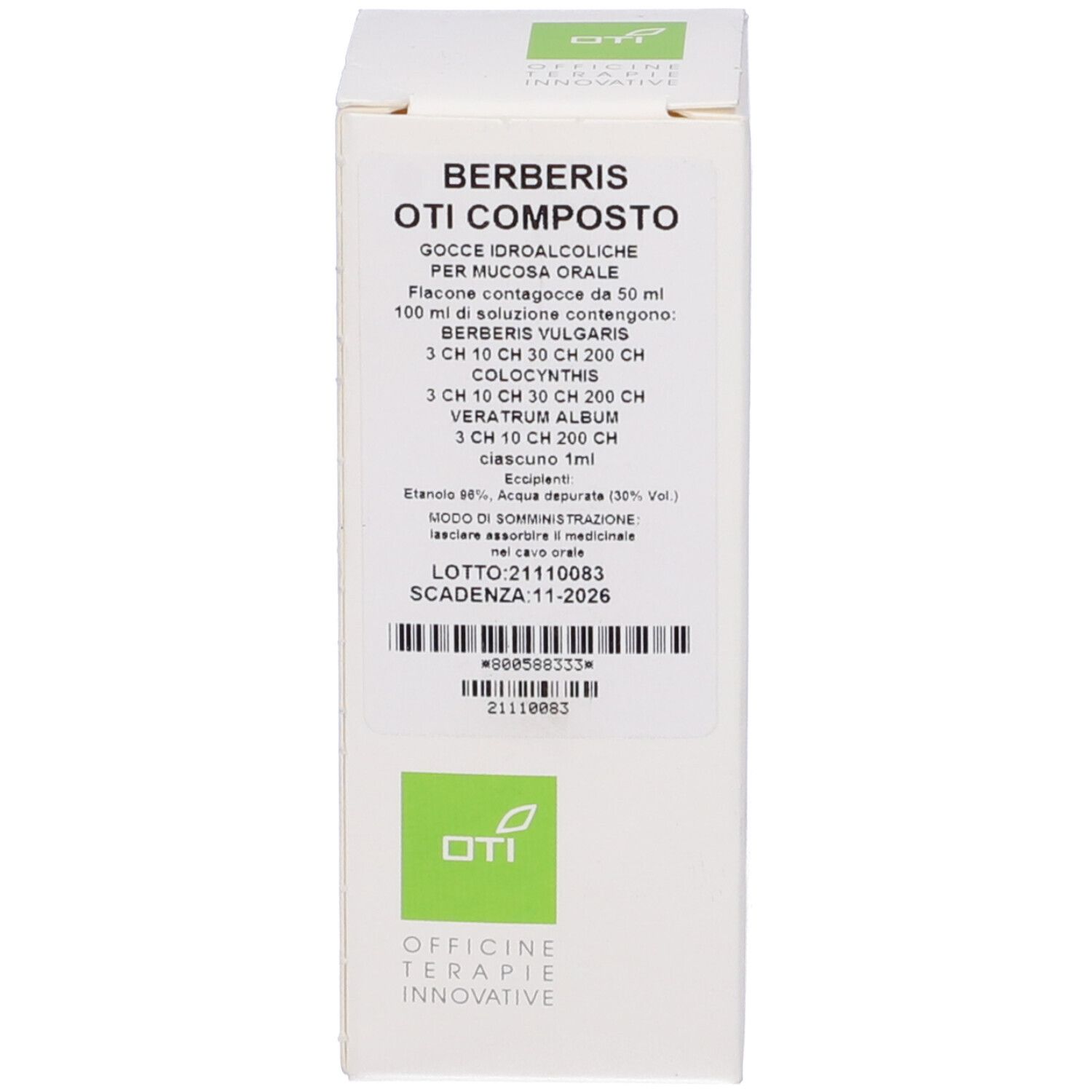 Scatola con informazioni sul prodotto. Bianco con accenti verdi. Nome del prodotto e informazioni del produttore.