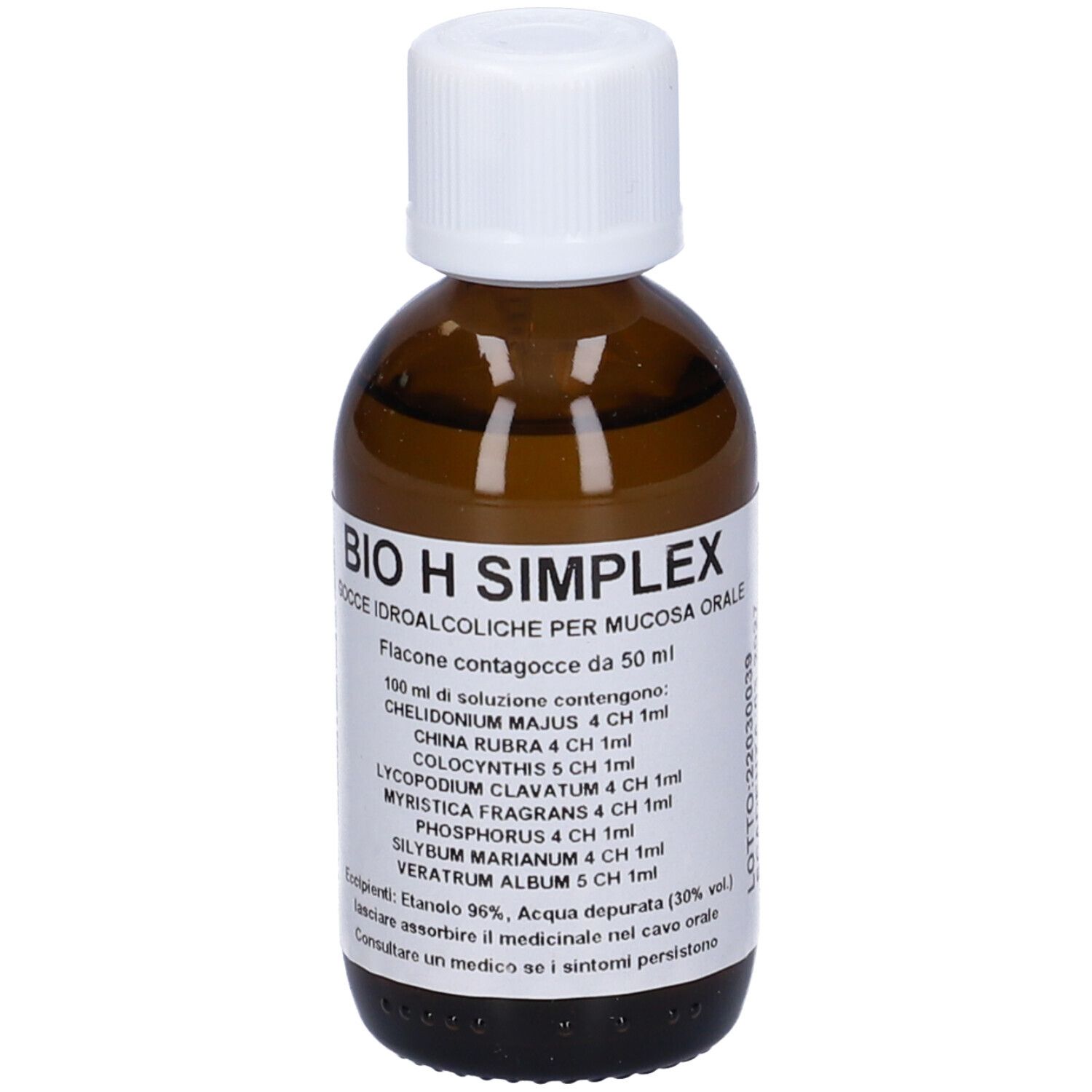 Flacone di vetro marrone con tappo bianco. Etichetta: BIO H SIMPLEX, gocce, ingredienti. Ingredienti sull'etichetta.