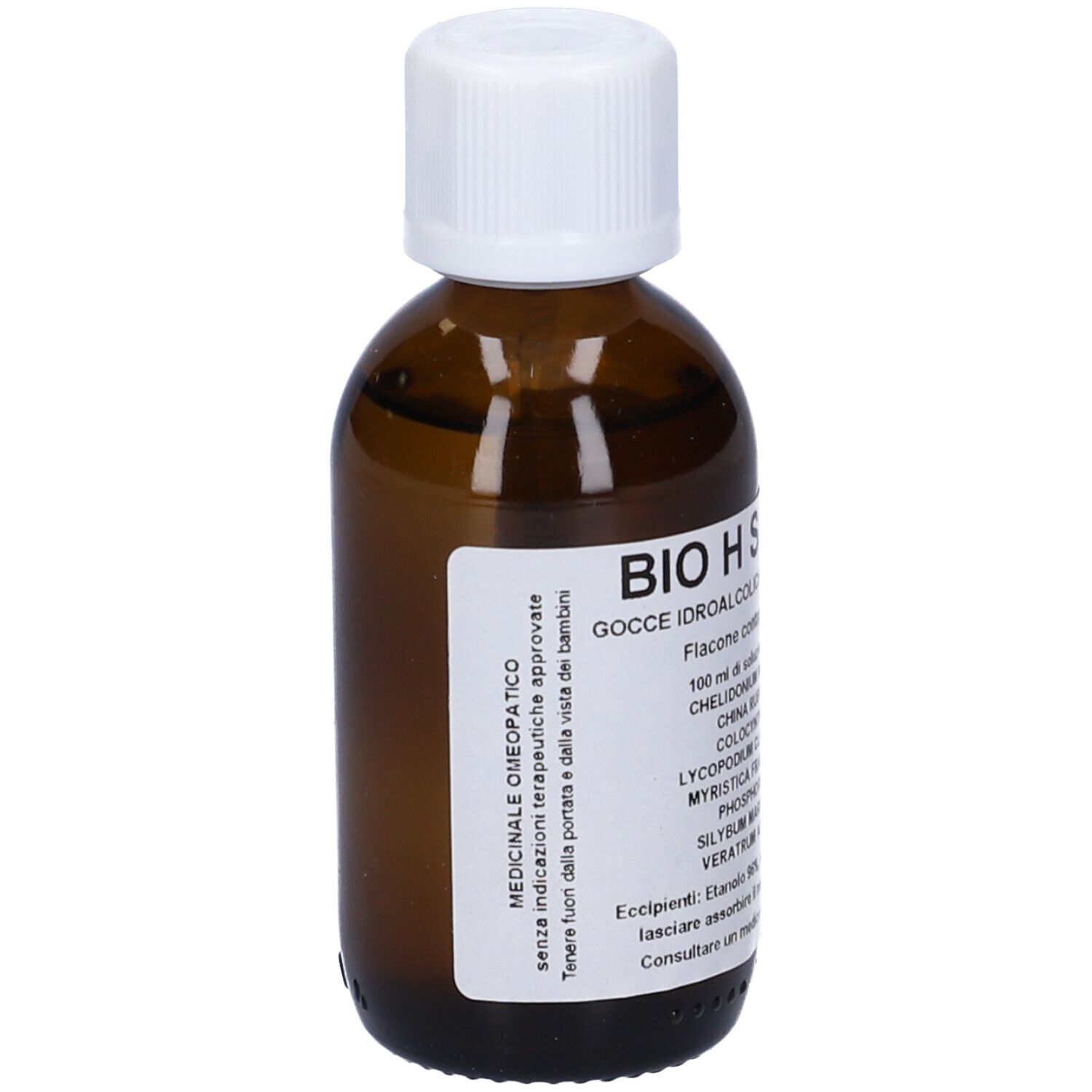 Flacone di vetro marrone con tappo bianco. Etichetta con testo: BIO H SIMPLEX, gocce. Testo aggiuntivo: prodotto medico, attenzione.