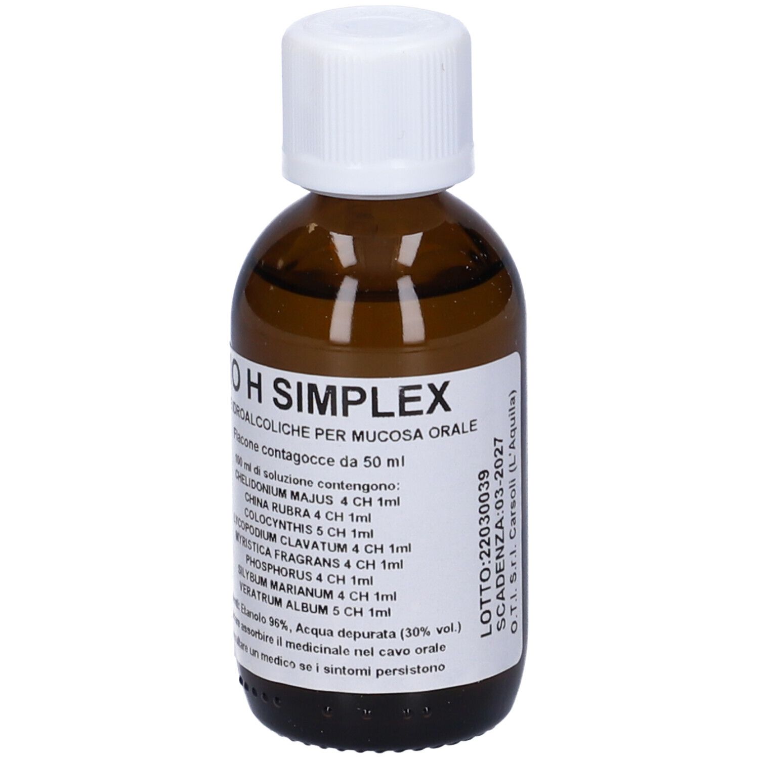 Flacone di vetro marrone con tappo bianco. Etichetta con testo: BIO H SIMPLEX, gocce. Testo aggiuntivo: ingredienti, LOTTO, SCADENZA.