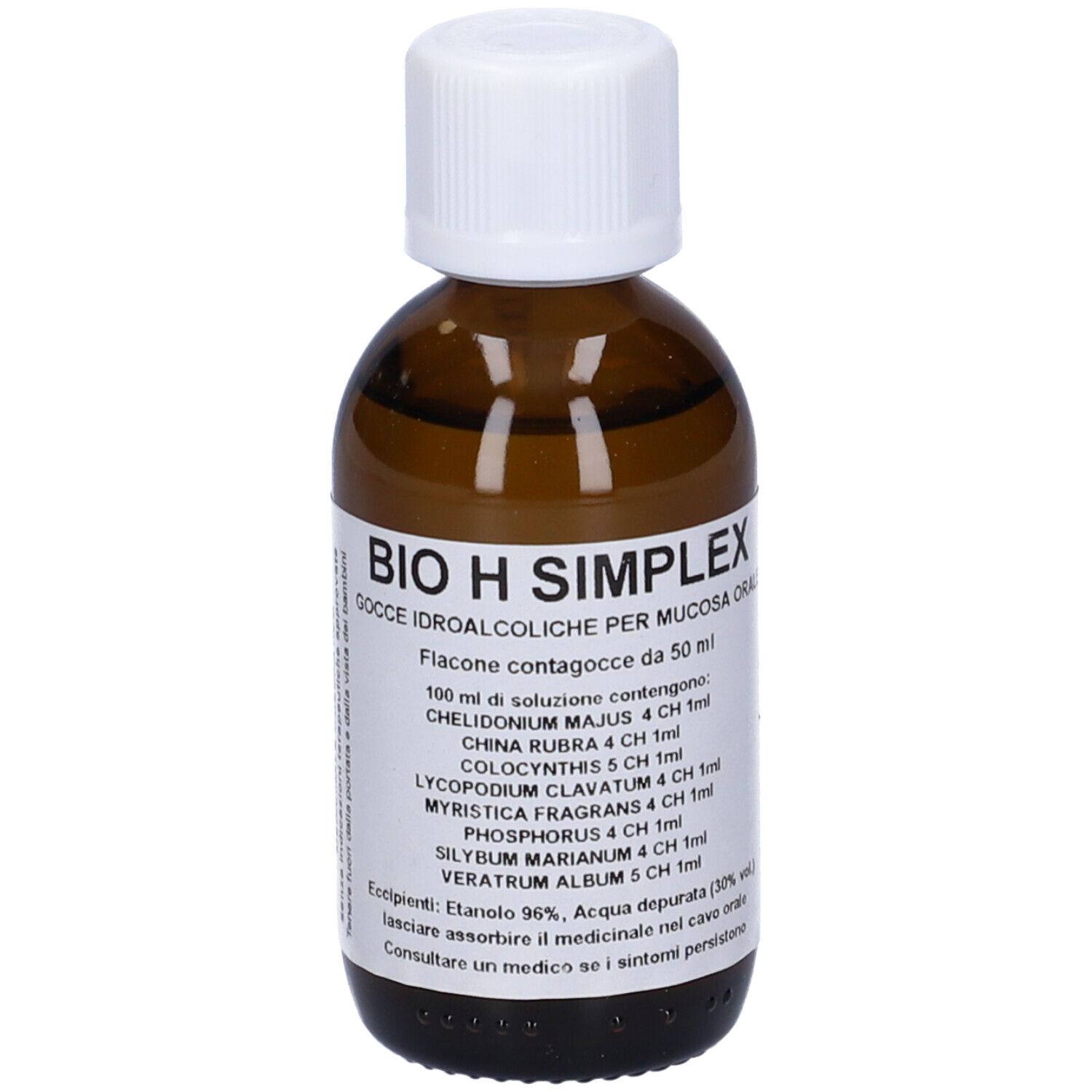 Flacone di vetro marrone con tappo bianco. Etichetta con testo: BIO H SIMPLEX, gocce. Testo aggiuntivo: ingredienti.