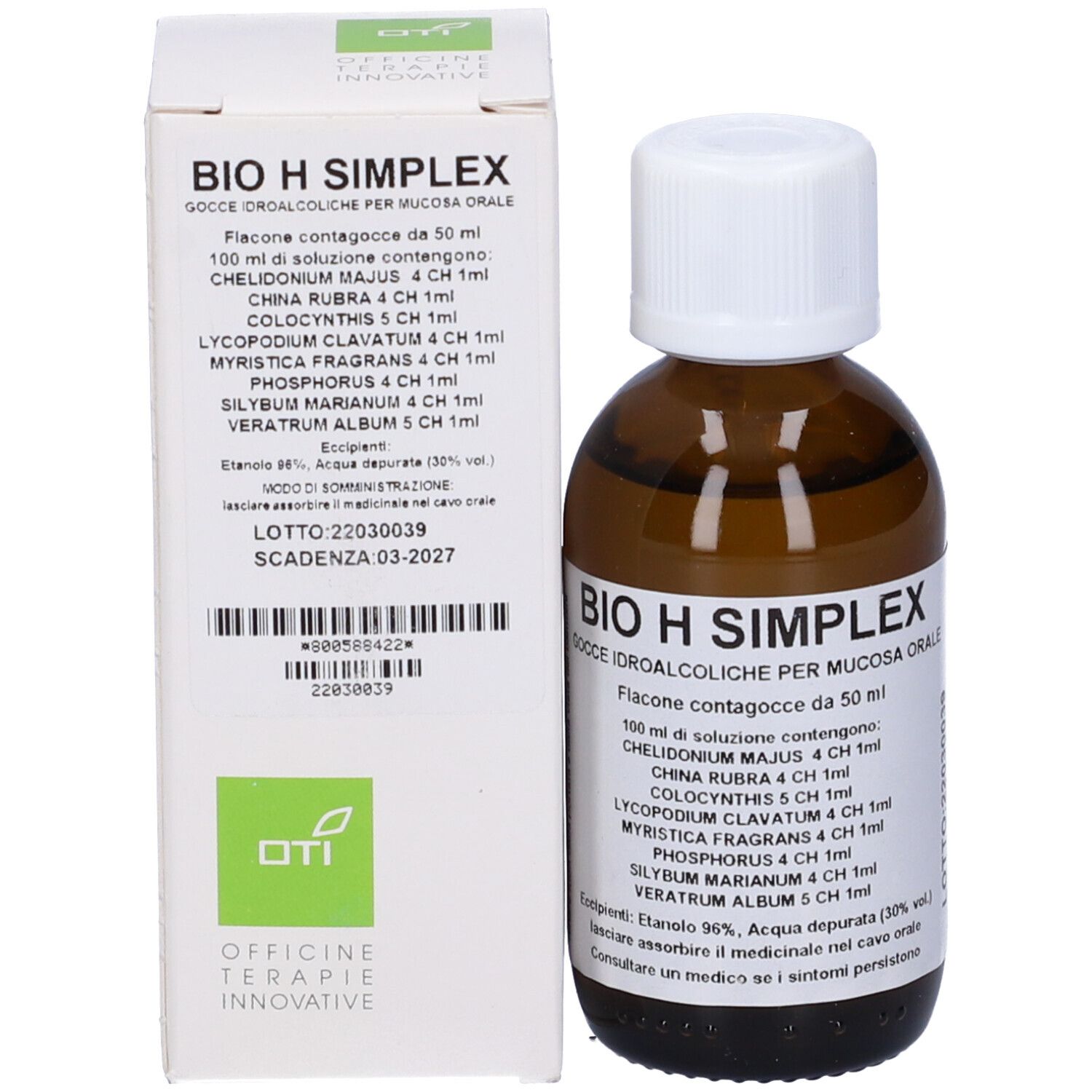 Flacone di vetro marrone con tappo bianco e scatola. Scritta: BIO H SIMPLEX, gocce. Scatola con testo e logo.