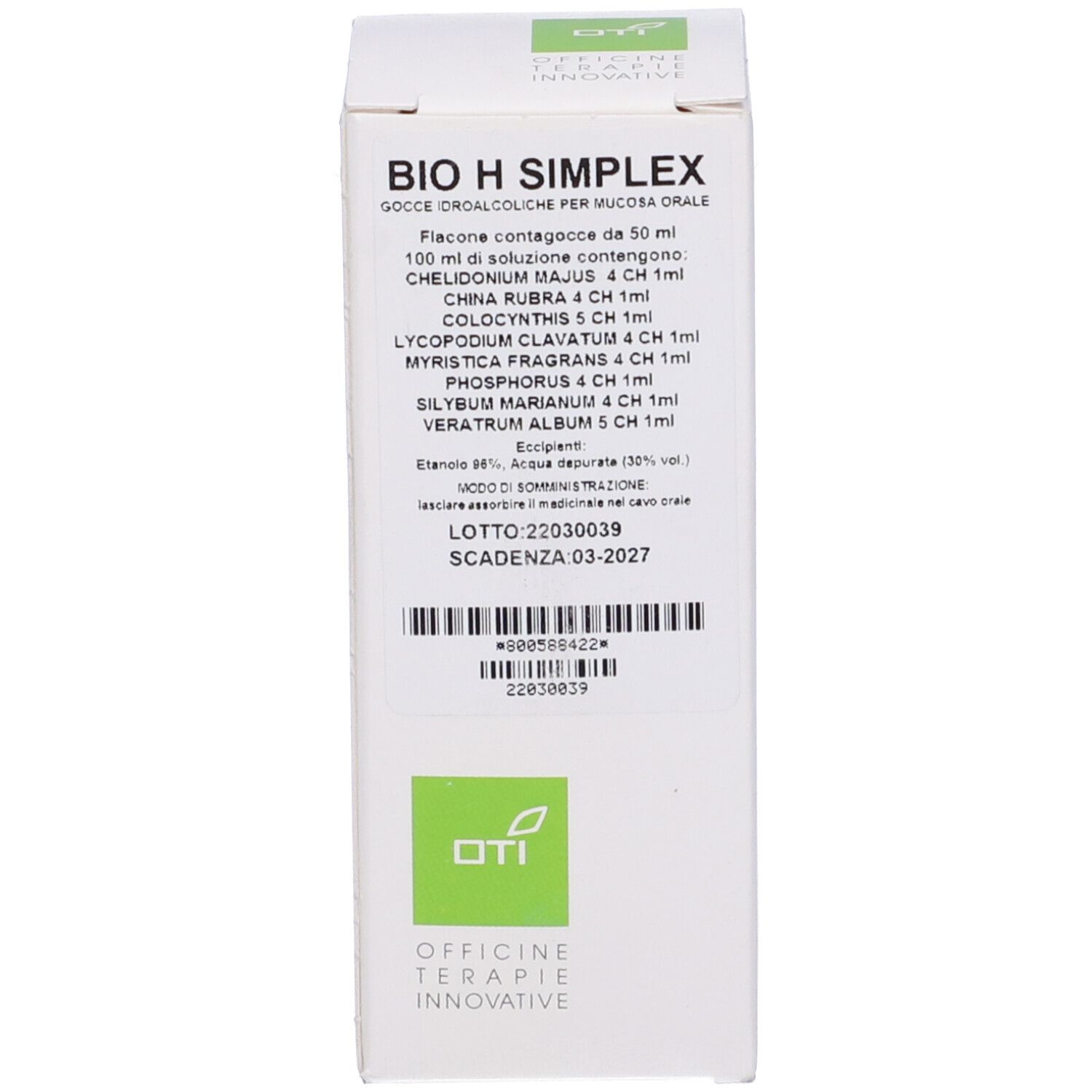 Scatola bianca con testo: BIO H SIMPLEX, gocce. Testo e logo. Scritta: OFFICINE TERAPIE INNOVATIVE.